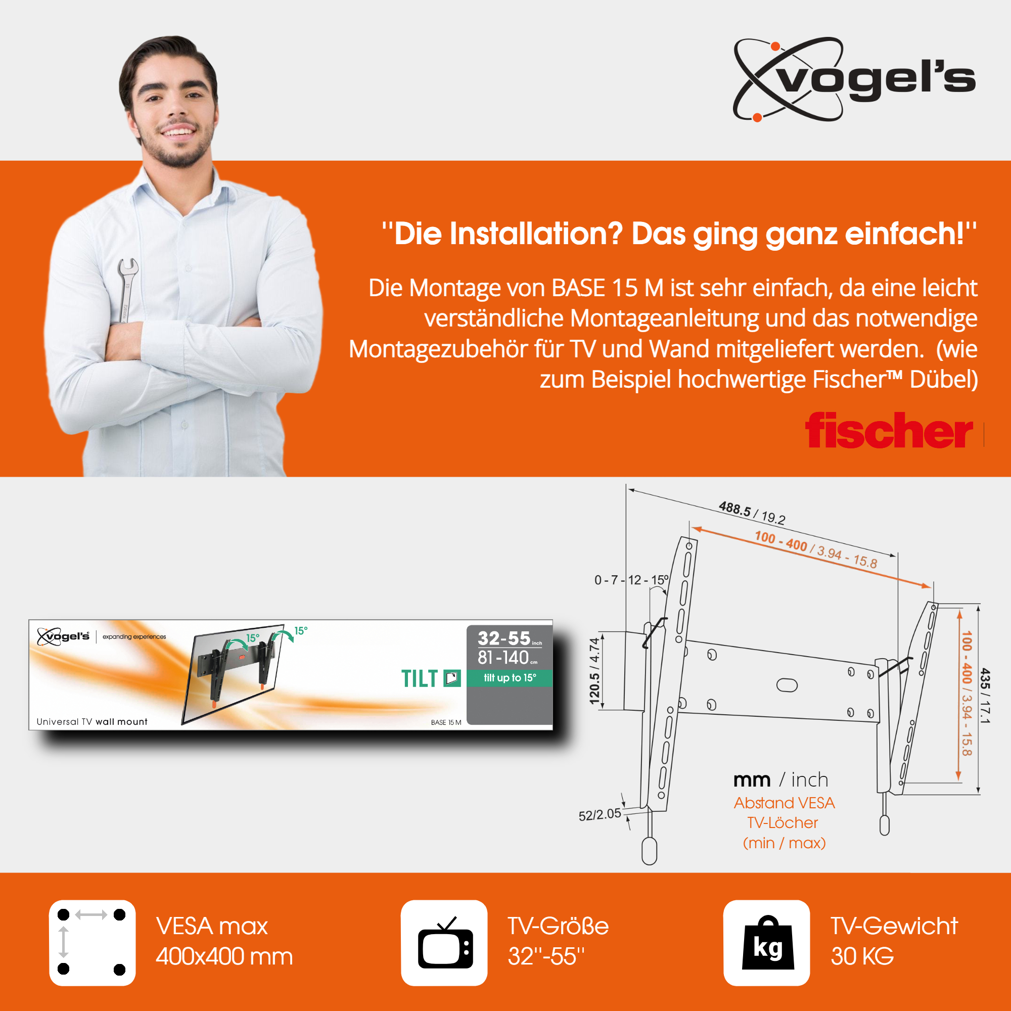 Mężczyzna trzymający klucz, obok schematu uchwytu ściennego do TV.