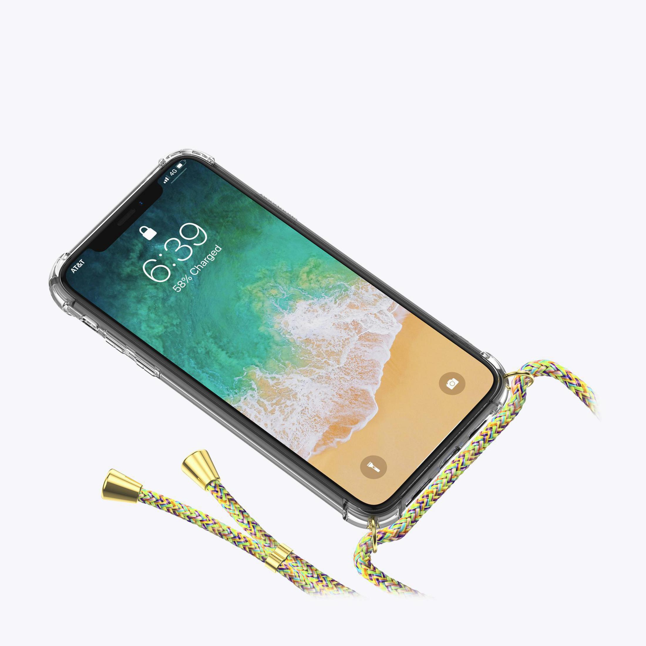 Telefon in transparenter Hülle mit mehrfarbigem Gurt. Das Telefon zeigt eine Strandszene.