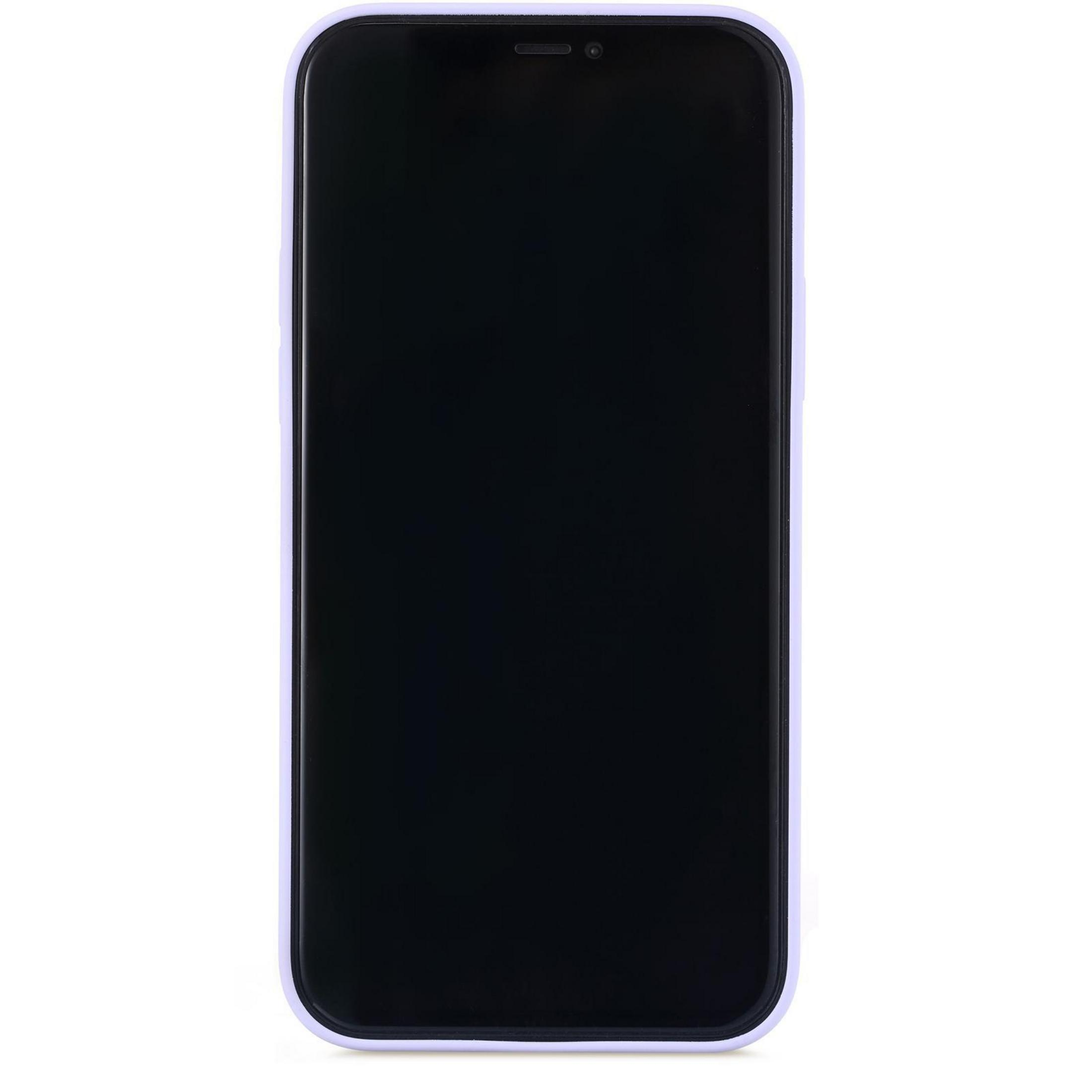 Schwarzes Smartphone mit schwarzem Bildschirm. Das Telefon befindet sich in einer hellvioletten Hülle. Weißer Hintergrund.