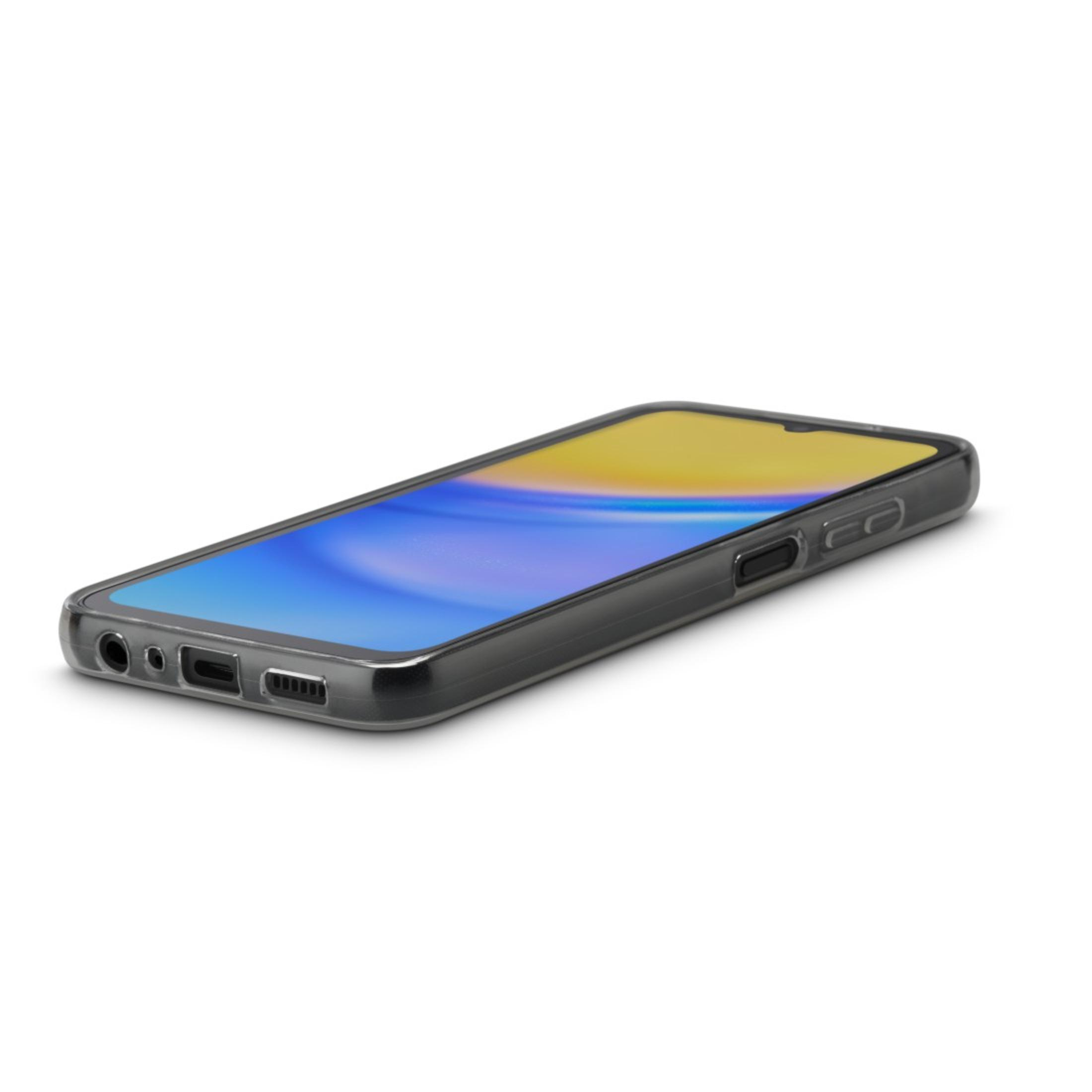 Telefon in klarer Hülle, zeigt Bildschirm, Anschlüsse und Tasten des Telefons.