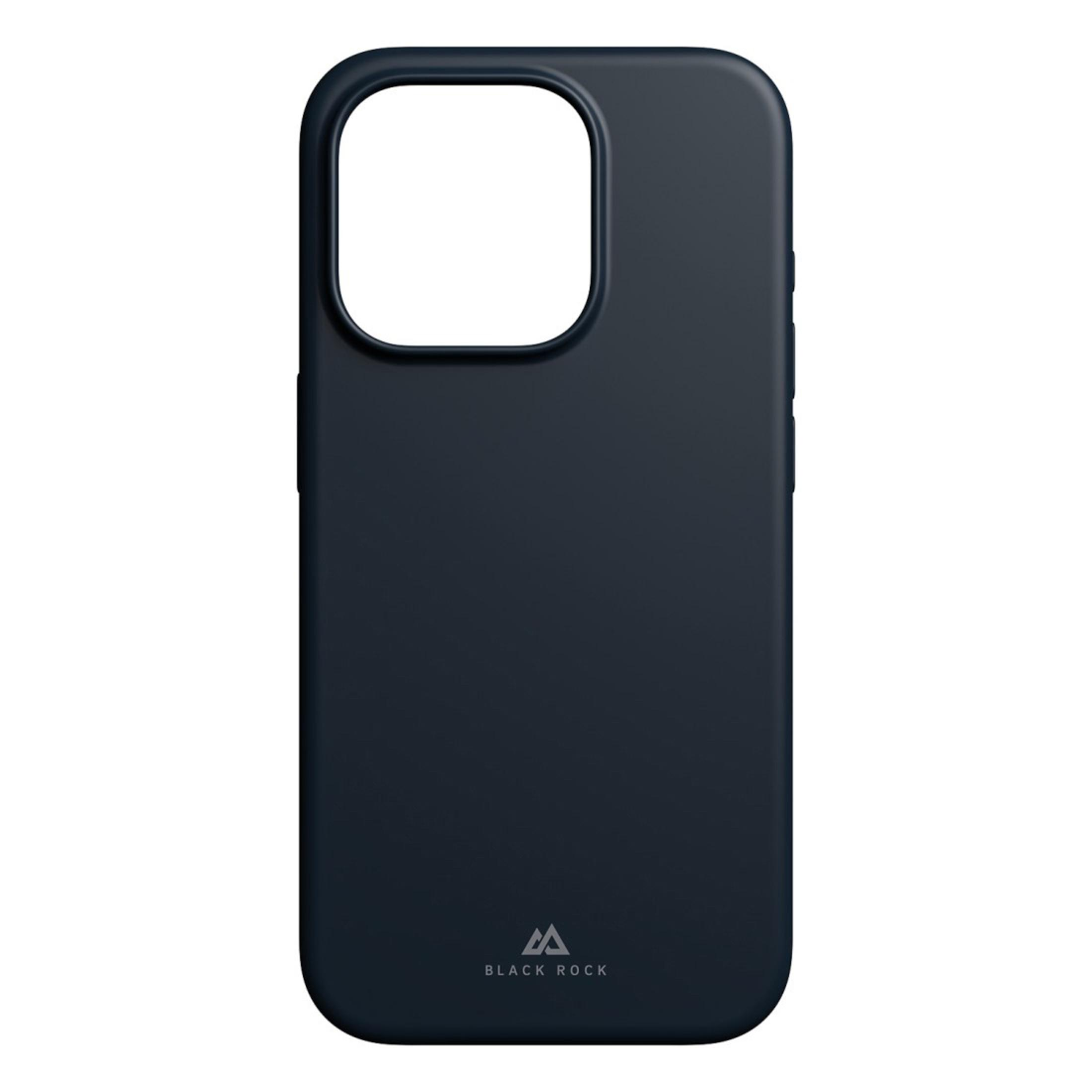 Custodia blu scuro per telefono con ritaglio per fotocamera. Logo Black Rock. Sfondo bianco.