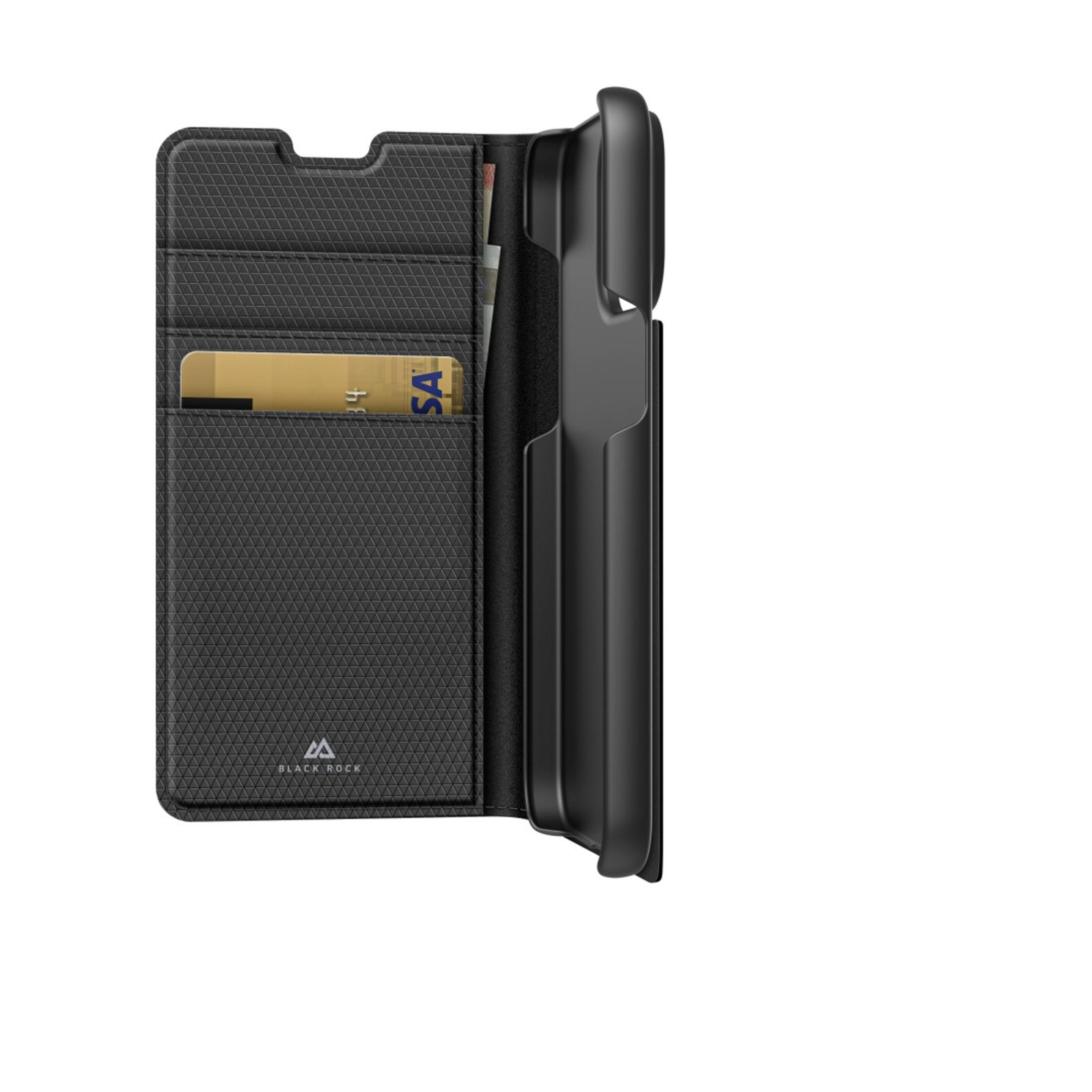 Custodia a portafoglio nera aperta, con carte e telefono.