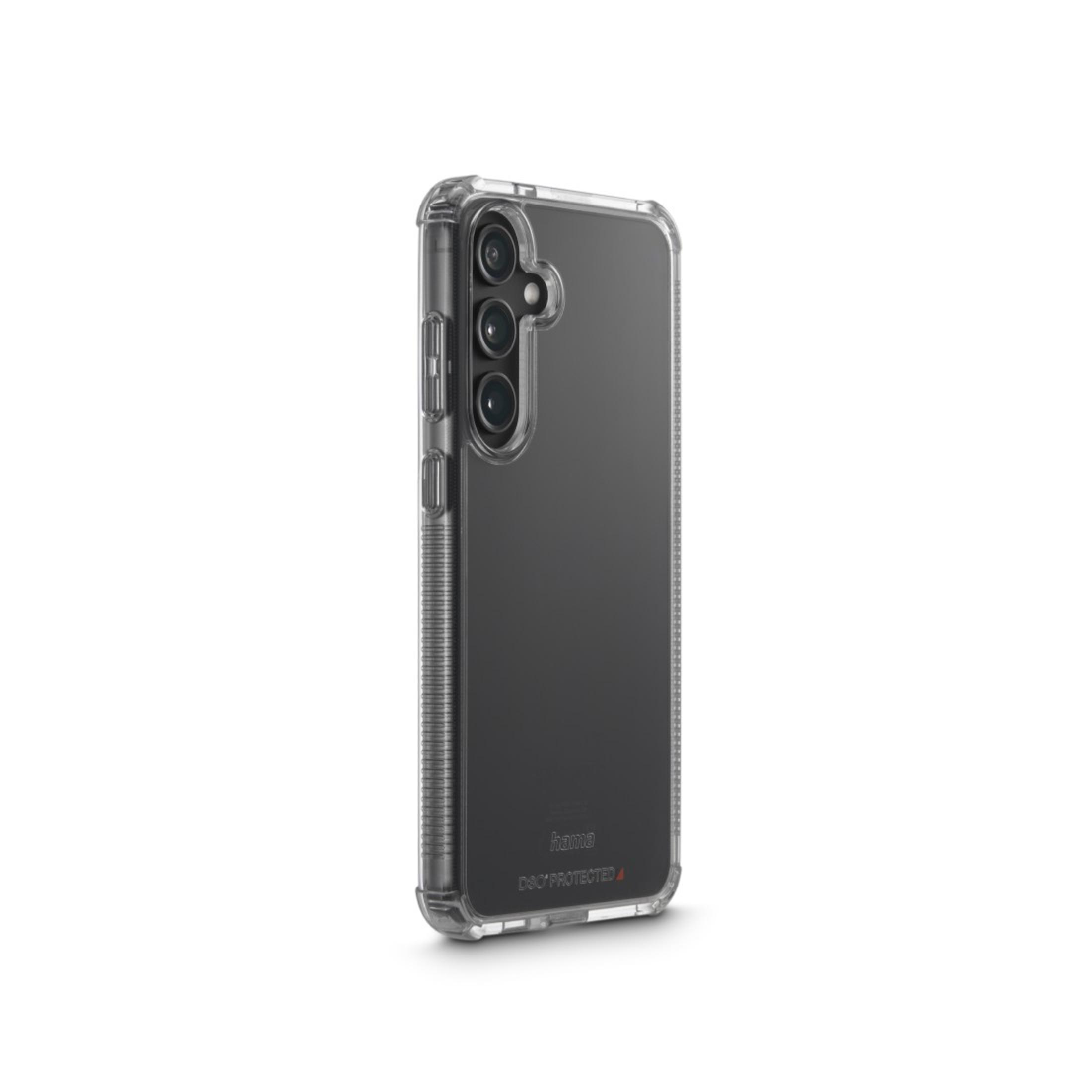 Custodia trasparente per telefono con telefono nero all'interno, vista angolata. La custodia ha un design protettivo e strutturato.
