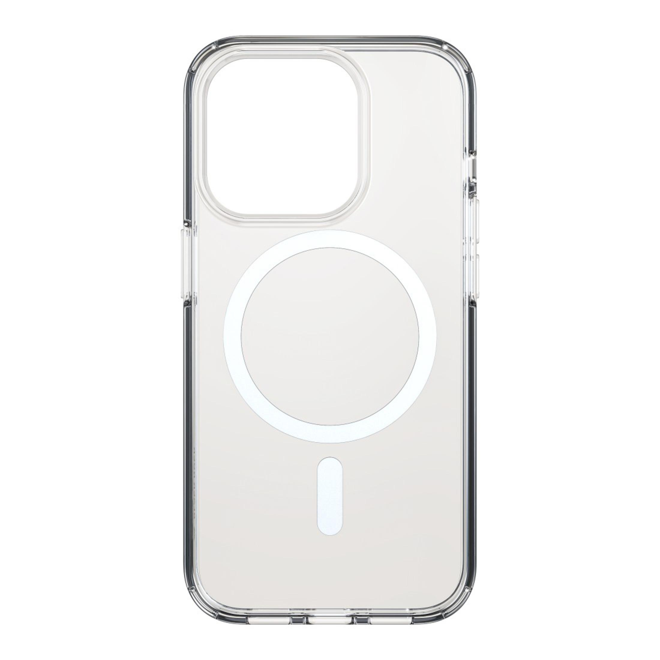 Custodia trasparente per telefono con un cuscinetto magnetico circolare bianco. Sfondo bianco.