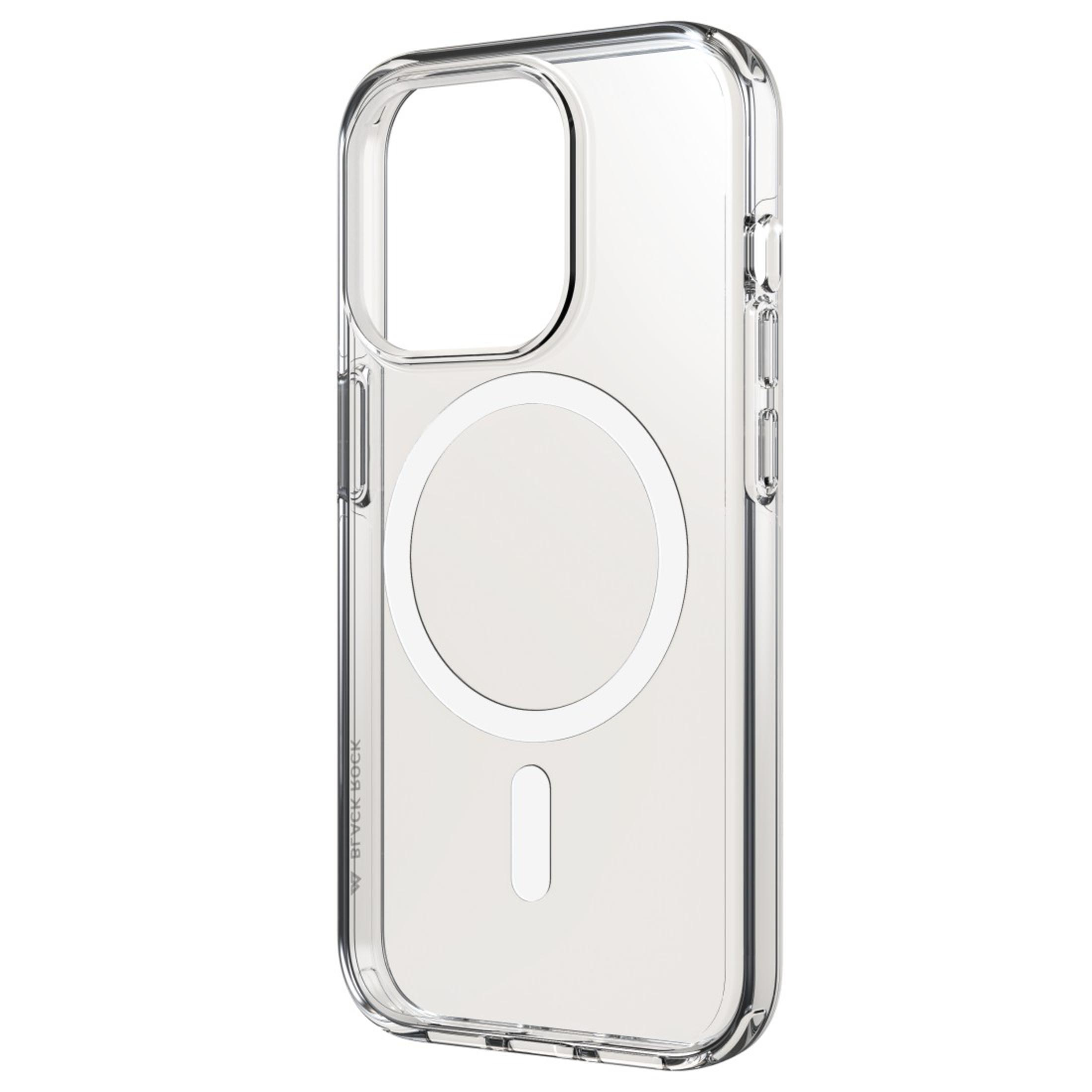 Custodia trasparente per telefono con un'area di ricarica magnetica circolare bianca. La custodia ha un design pulito.