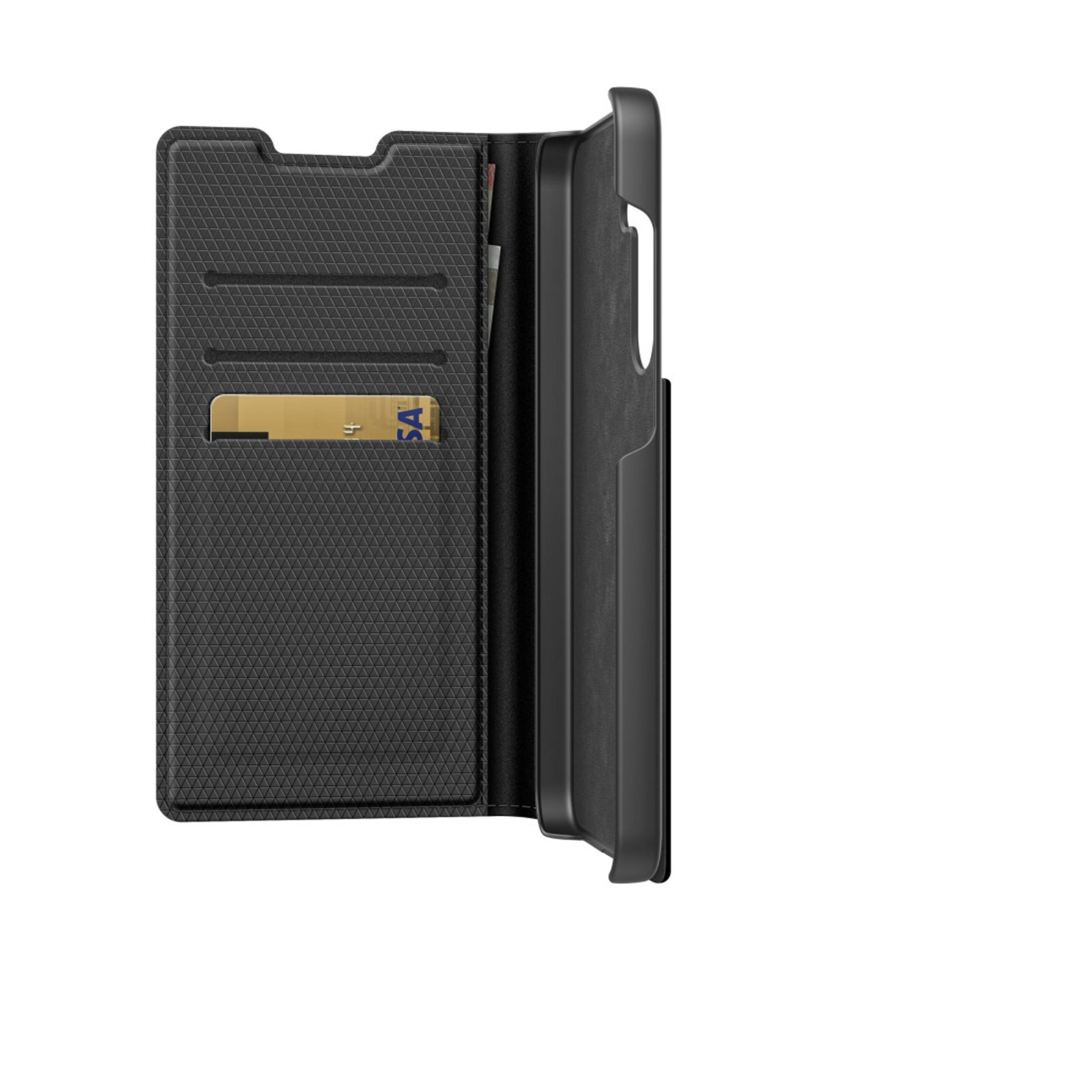 Custodia per telefono nera aperta con carta e carta dorata. Sfondo bianco. Interno strutturato.