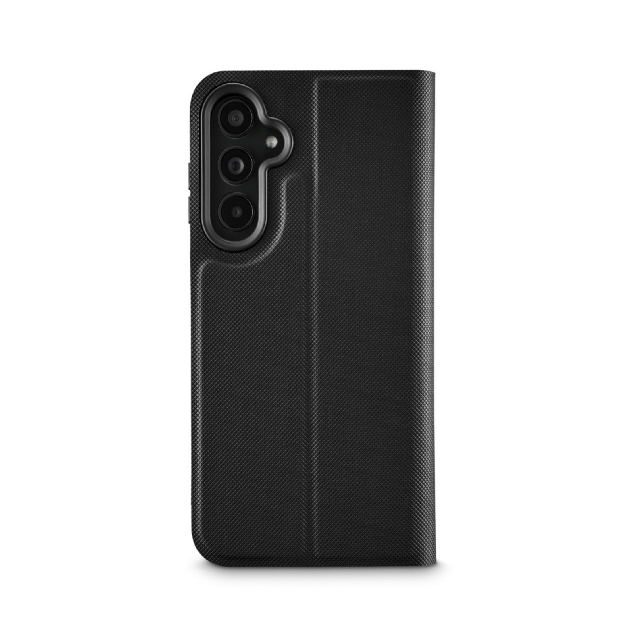 Eine schwarze Handyhülle mit Kameraausschnitt und strukturiertem Design. Die Hülle ist geschlossen.