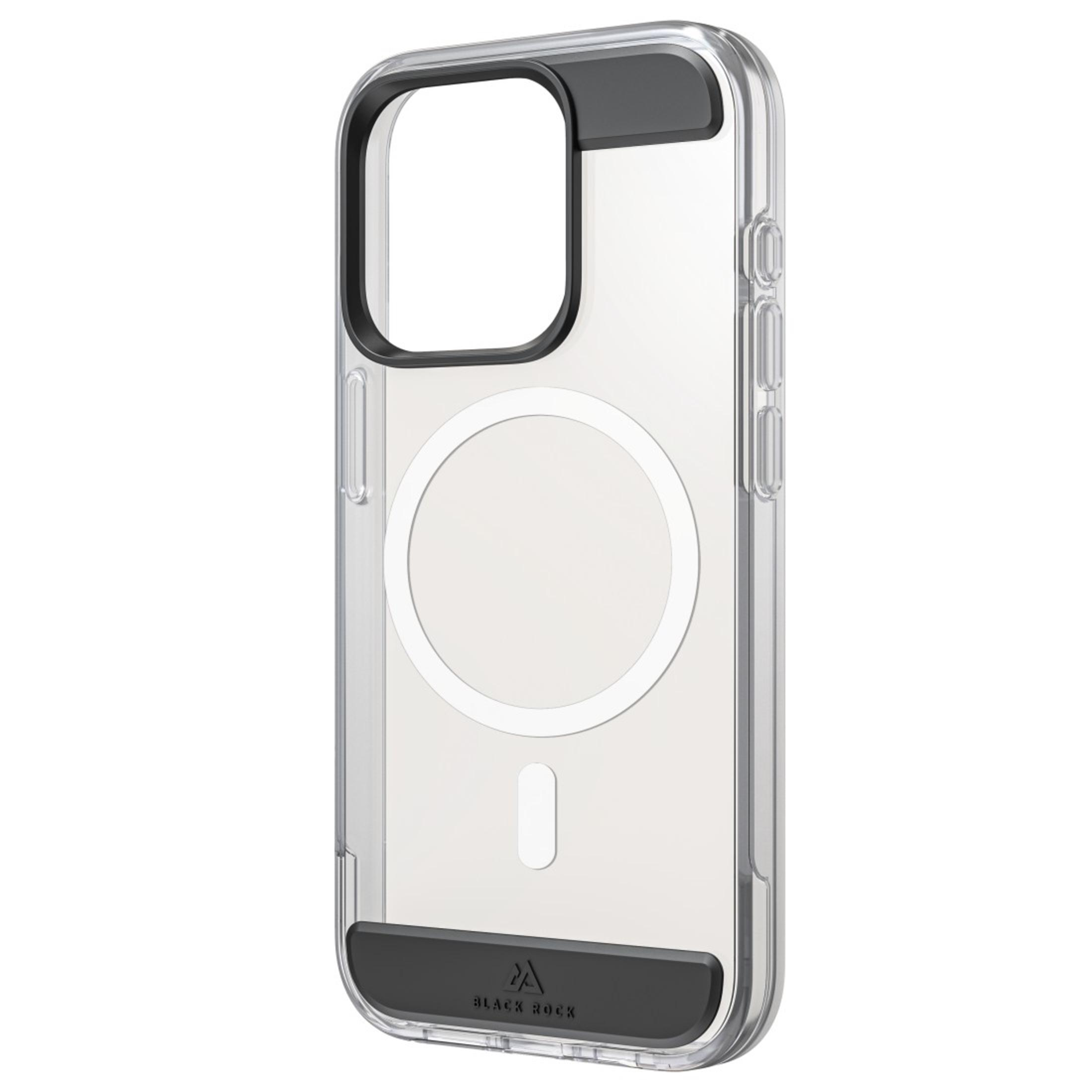 Transparente Handyhülle mit schwarzen Akzenten und einem MagSafe-Kreis. Black Rock Logo unten.
