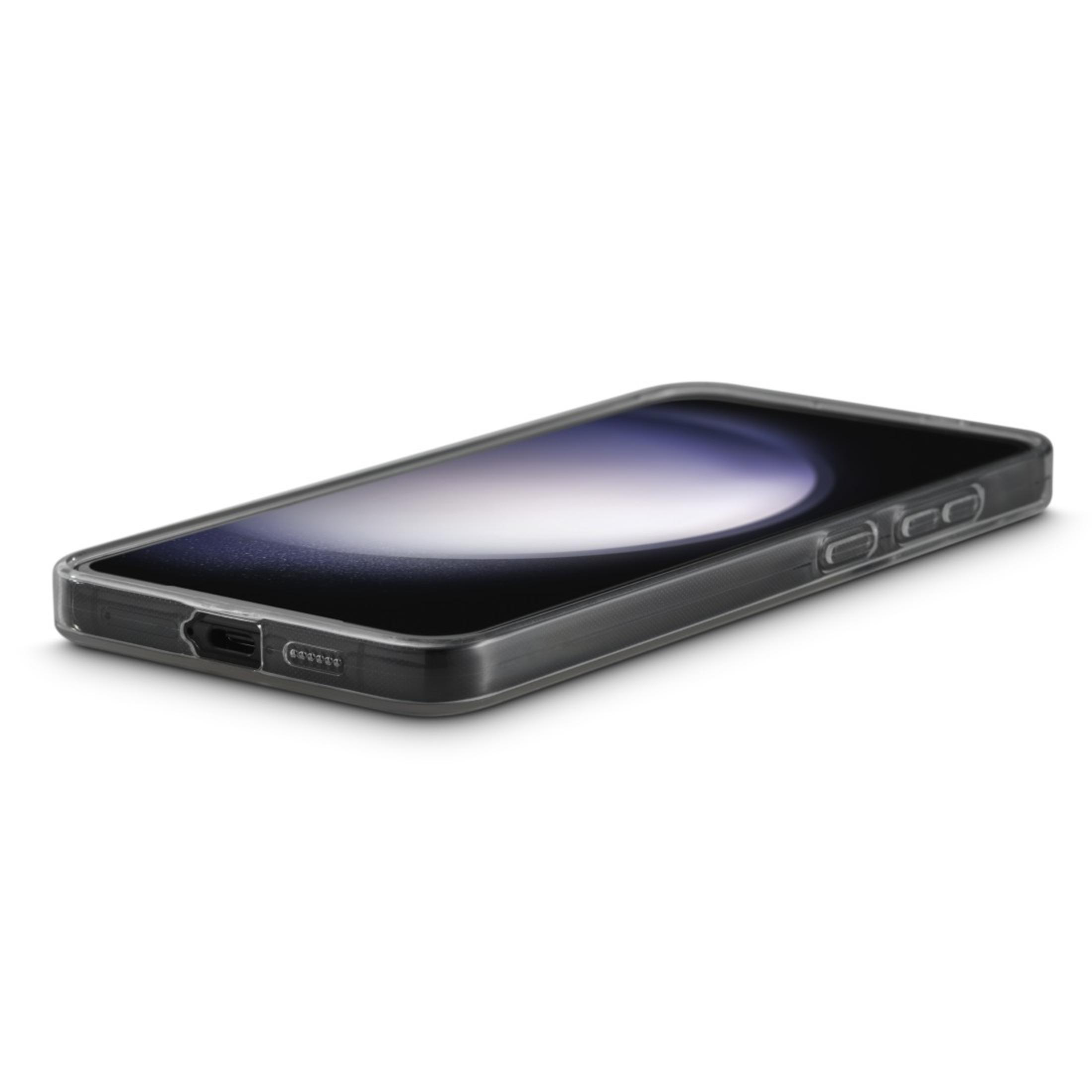 Telefono nero in una custodia trasparente, il telefono è sdraiato su un lato.