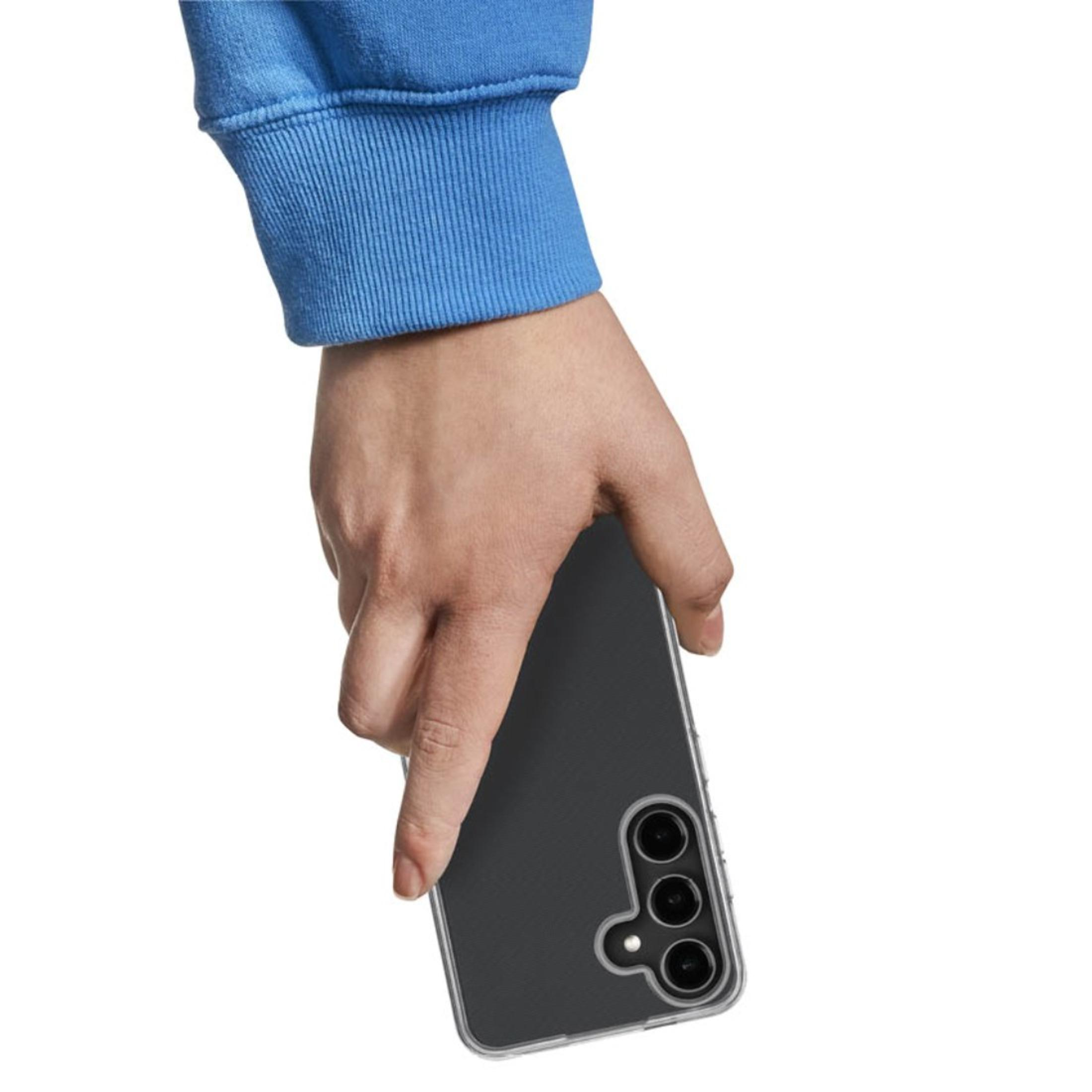 Una mano che tiene un telefono con una custodia trasparente.