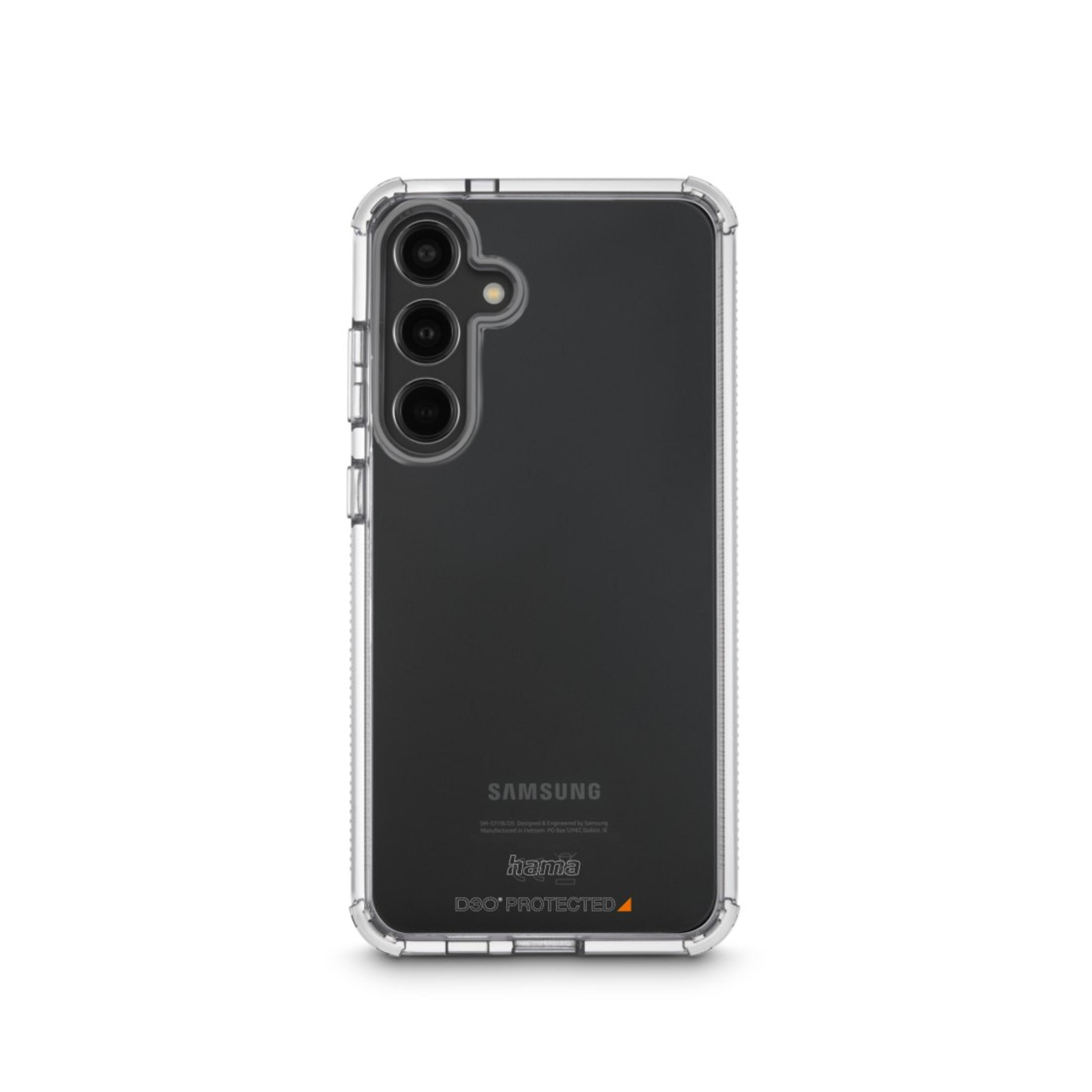 Custodia trasparente per telefono con logo Samsung e fori fotocamera.