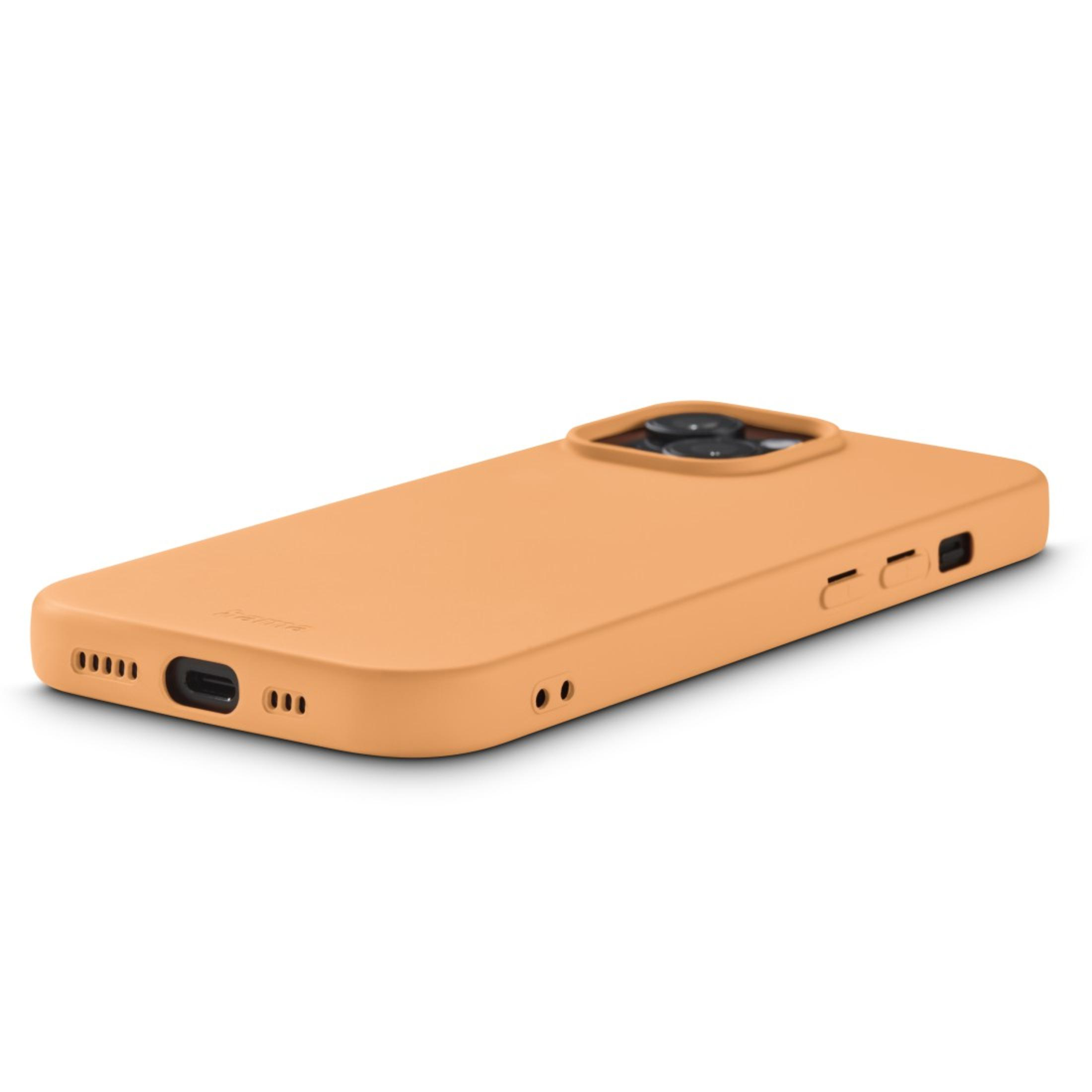 Coque de téléphone orange sur une surface blanche. La coque est sur le côté.