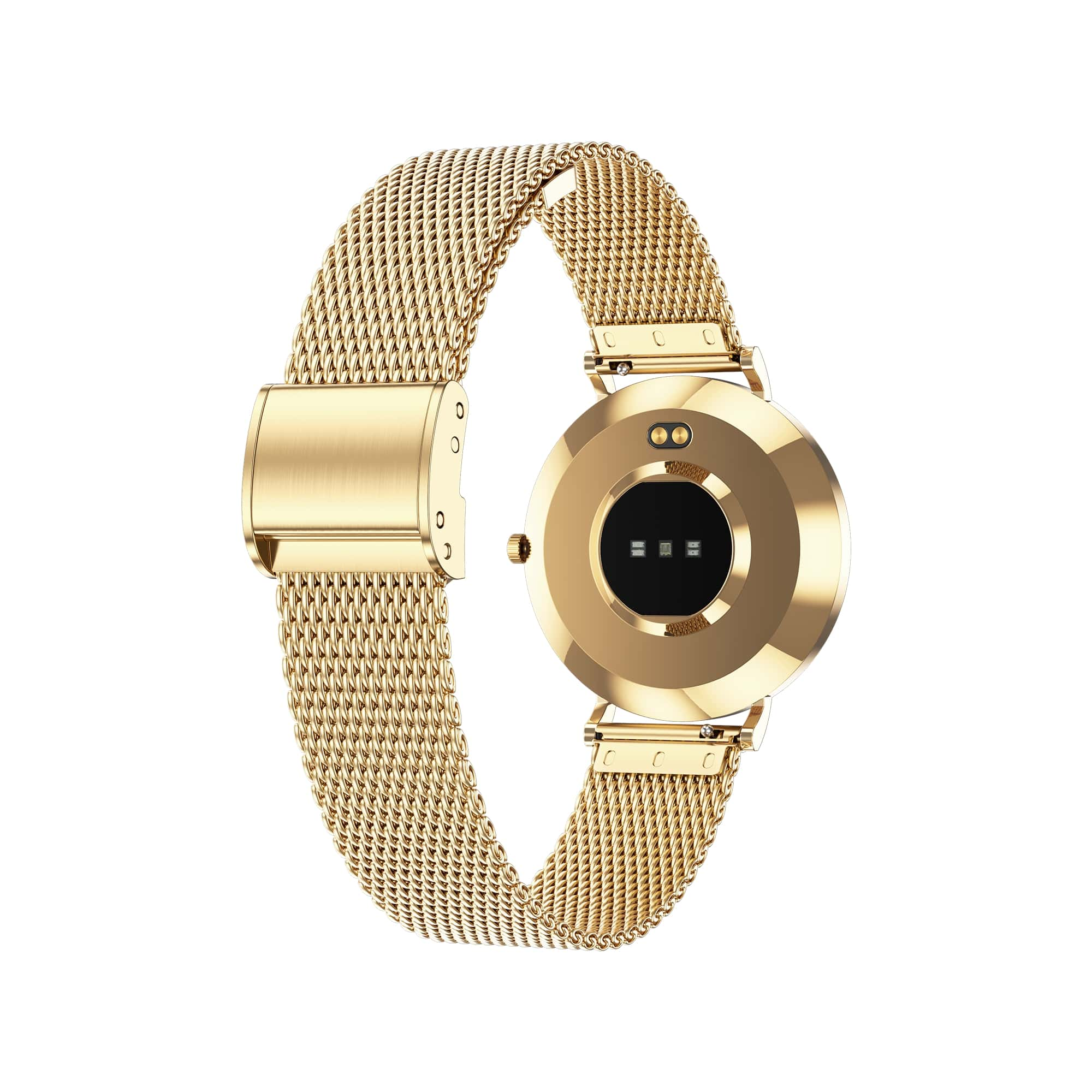 Eine goldene Uhr mit einem goldenen Mesh-Armband. Das Zifferblatt ist golden und hat einen schwarzen Kreis.