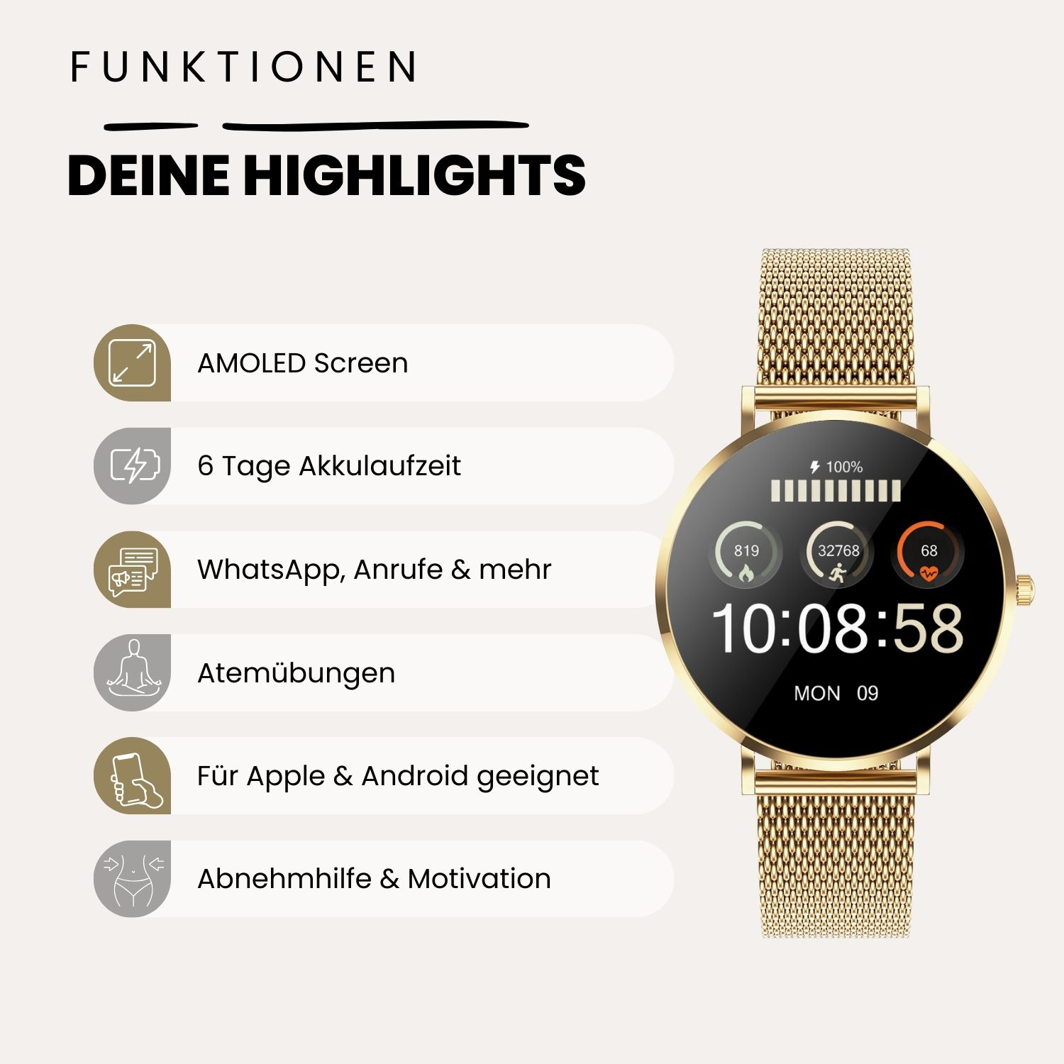 Smartwatch mit goldenem Armband und schwarzem Zifferblatt. Zeigt Zeit, Schritte und Herzfrequenz an.