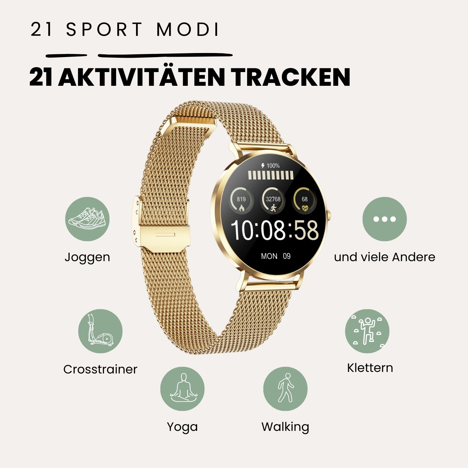Goldene Smartwatch mit verschiedenen Aktivitätssymbolen und Metriken auf dem Bildschirm.