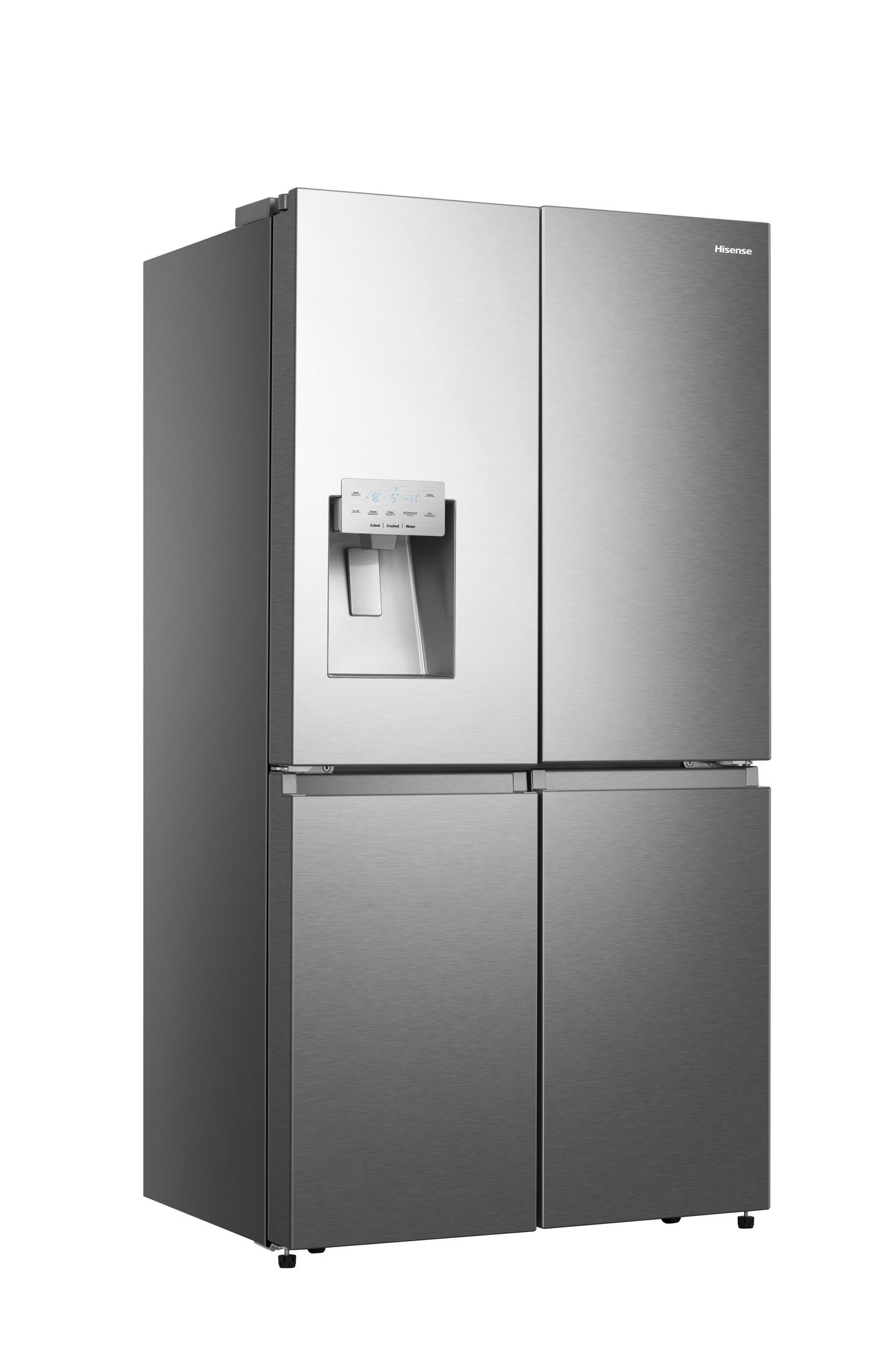 Kühlschrank aus Edelstahl, vier Türen, mit Wasserspender.
