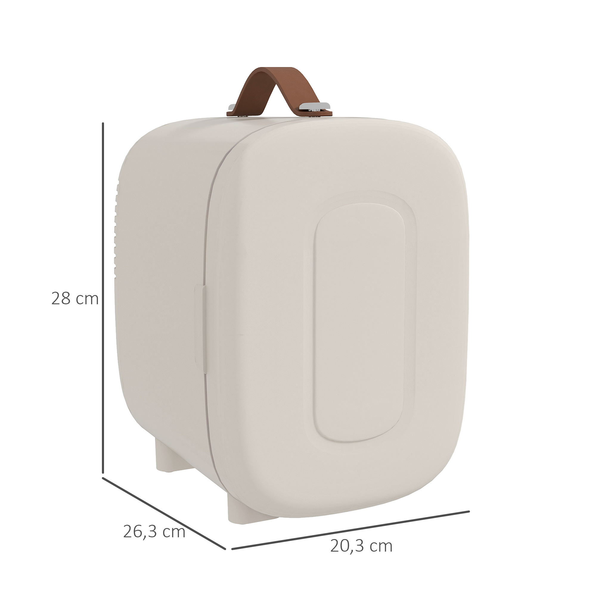 Una mini nevera beige con asa marrón, mostrando dimensiones.