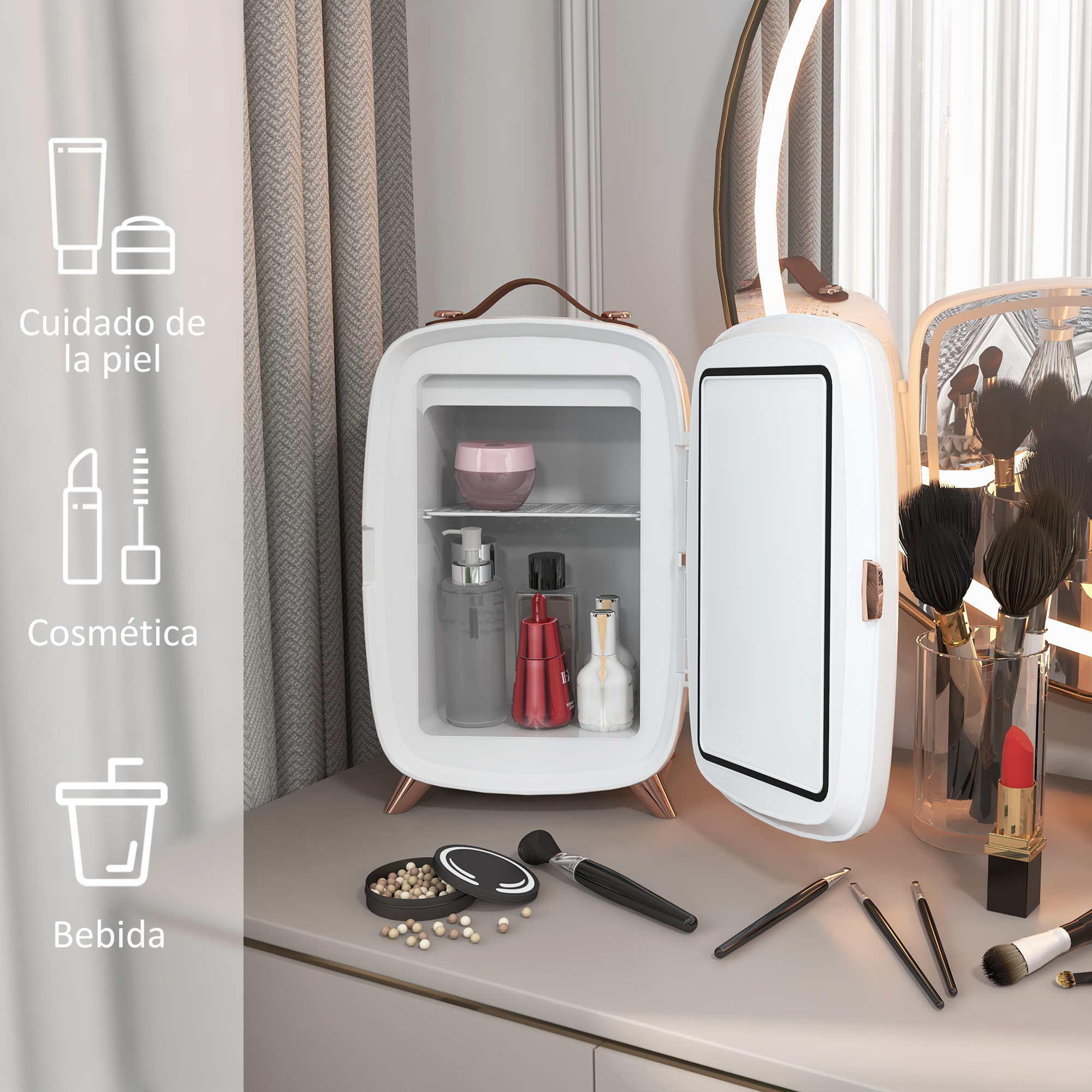Nevera cosmética blanca, abierta con productos dentro. Adyacente a una mesa con maquillaje y un espejo.