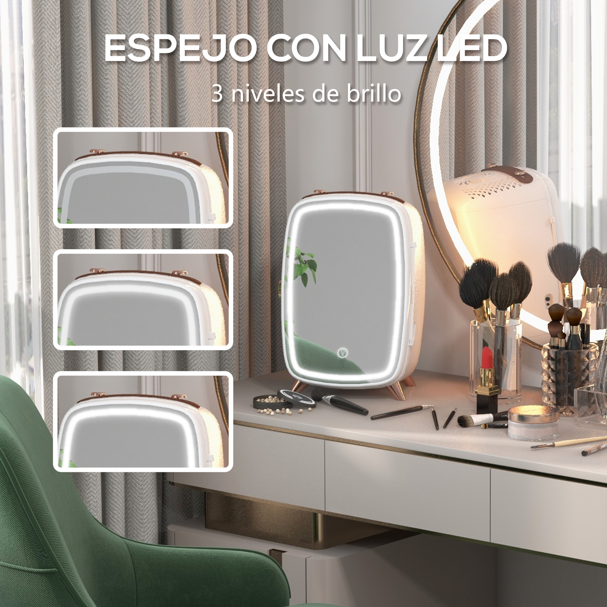Un espejo de maquillaje iluminado con tres niveles de brillo, colocado sobre una mesa de tocador con productos de maquillaje y brochas.