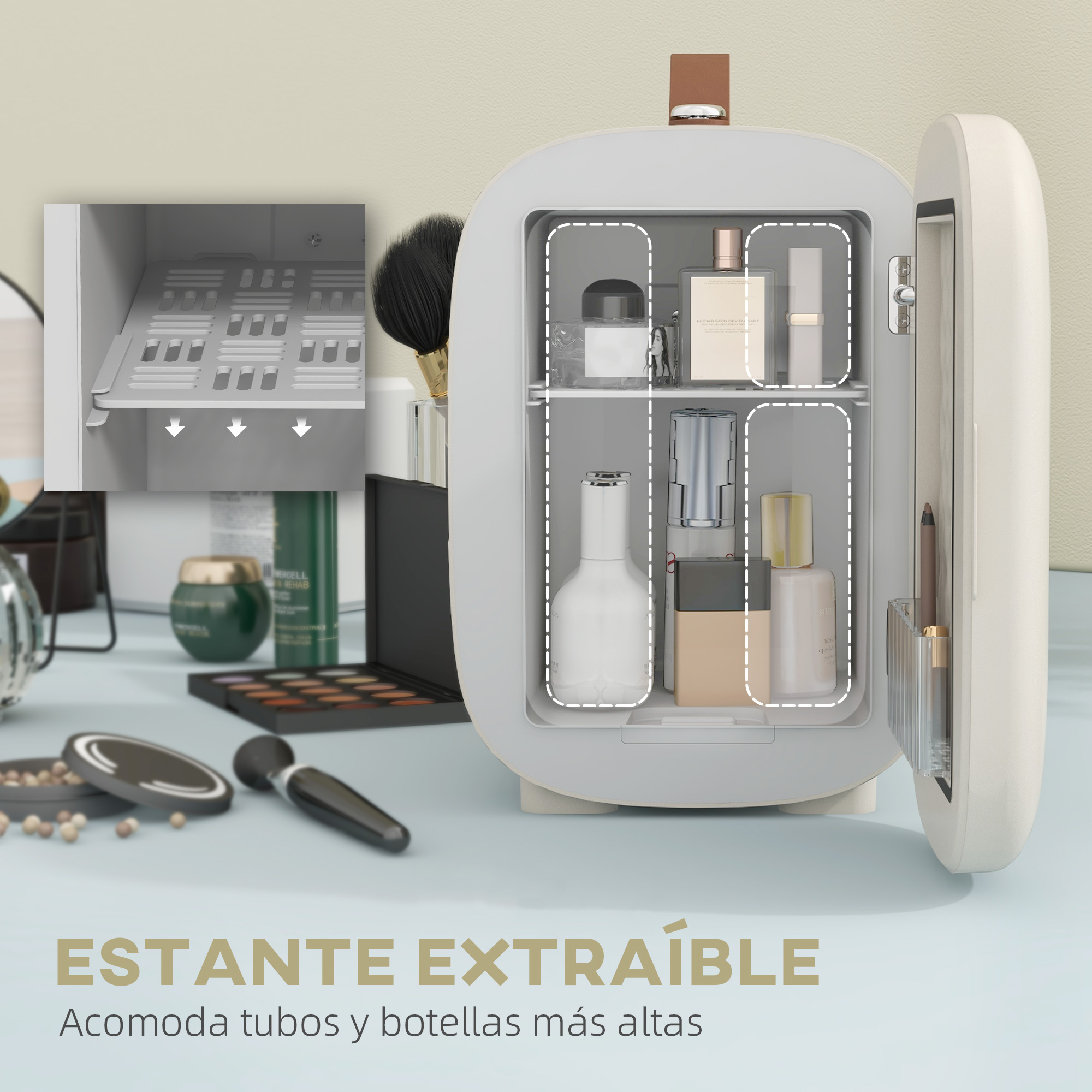 Una pequeña nevera cosmética blanca con la puerta abierta. Contiene varias botellas cosméticas, cerca de artículos de maquillaje.