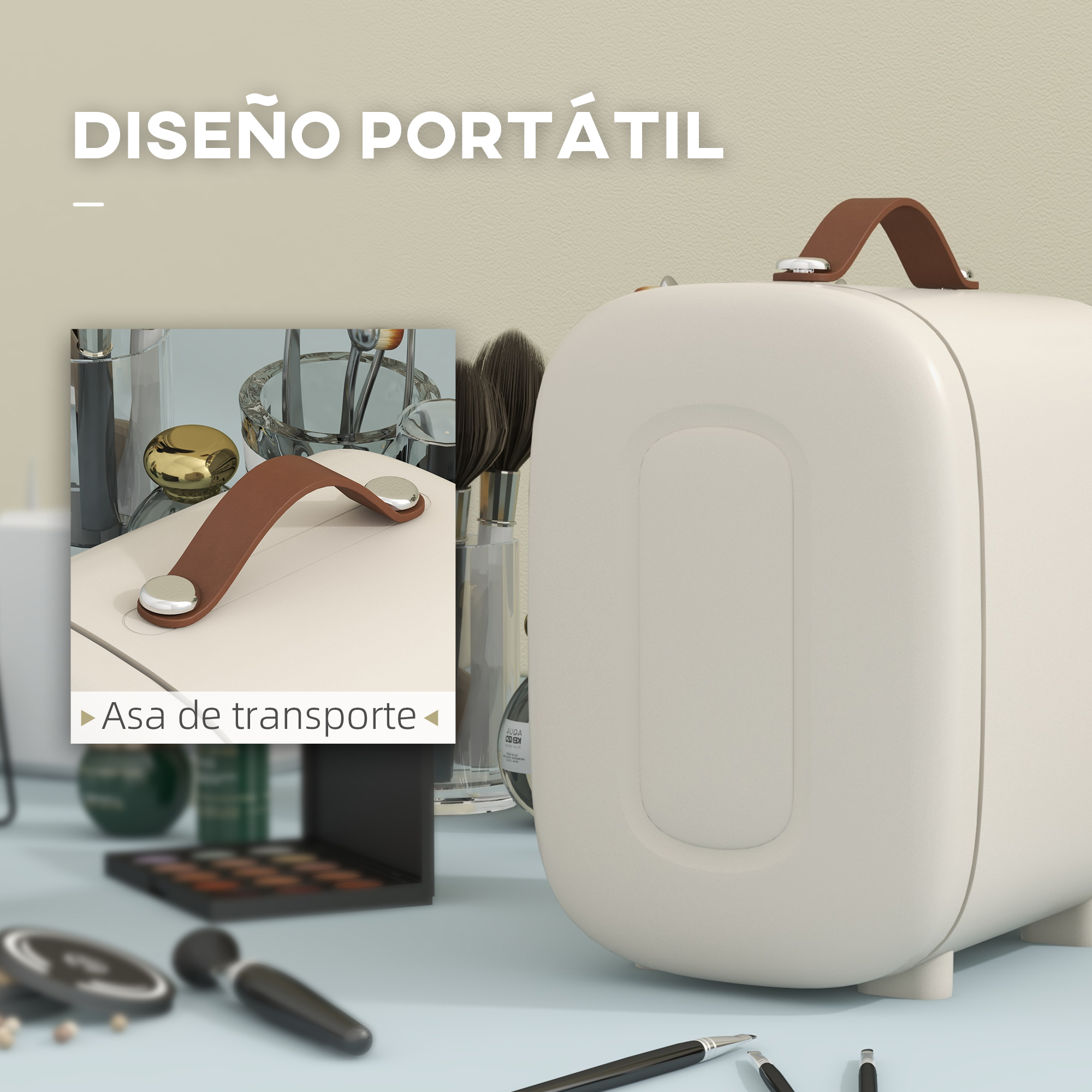 Maletín de maquillaje portátil blanco con asa marrón y primer plano del asa. Maquillaje en una mesa.