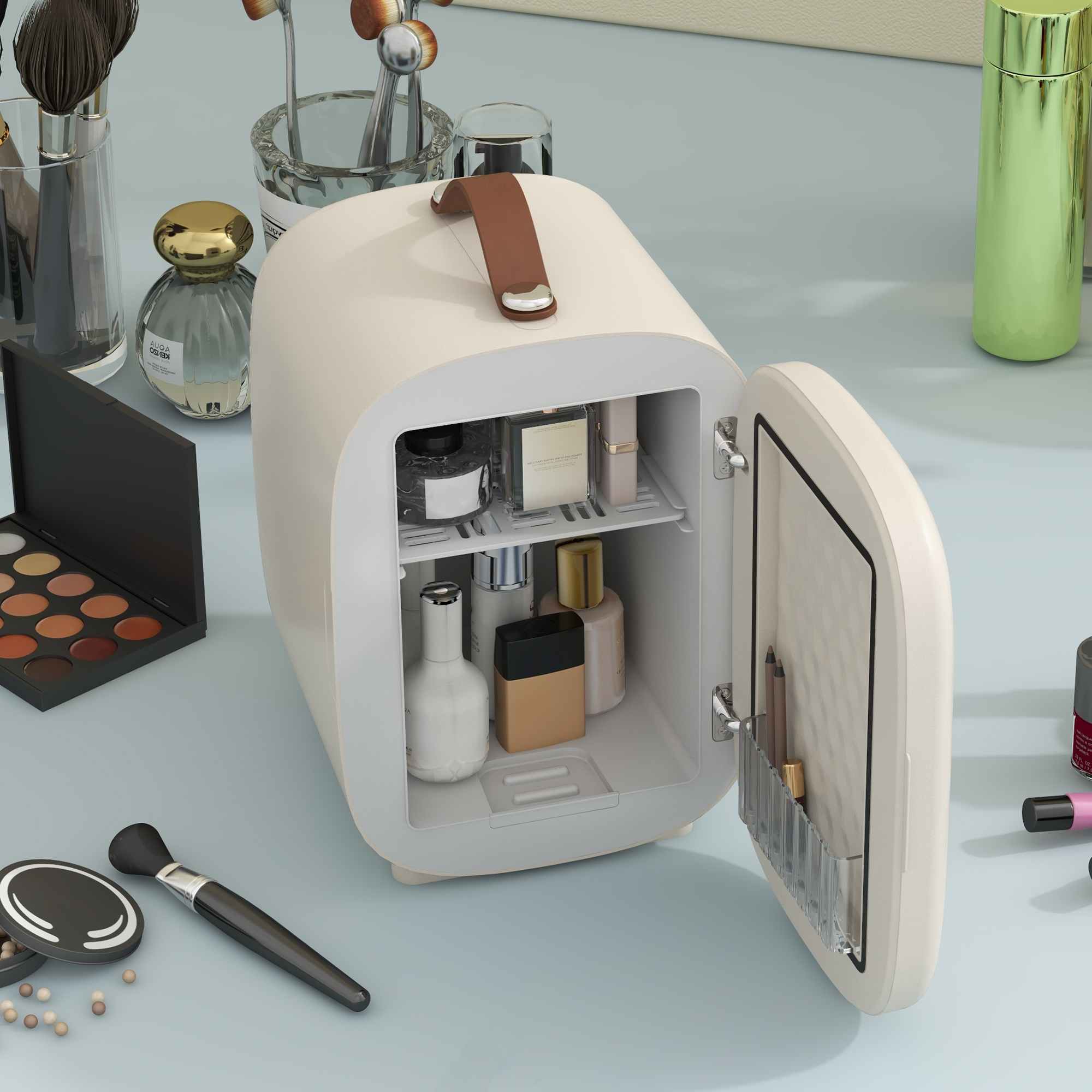 Mini nevera con maquillaje. Puerta abierta revela botellas, barras de labios y cosméticos.