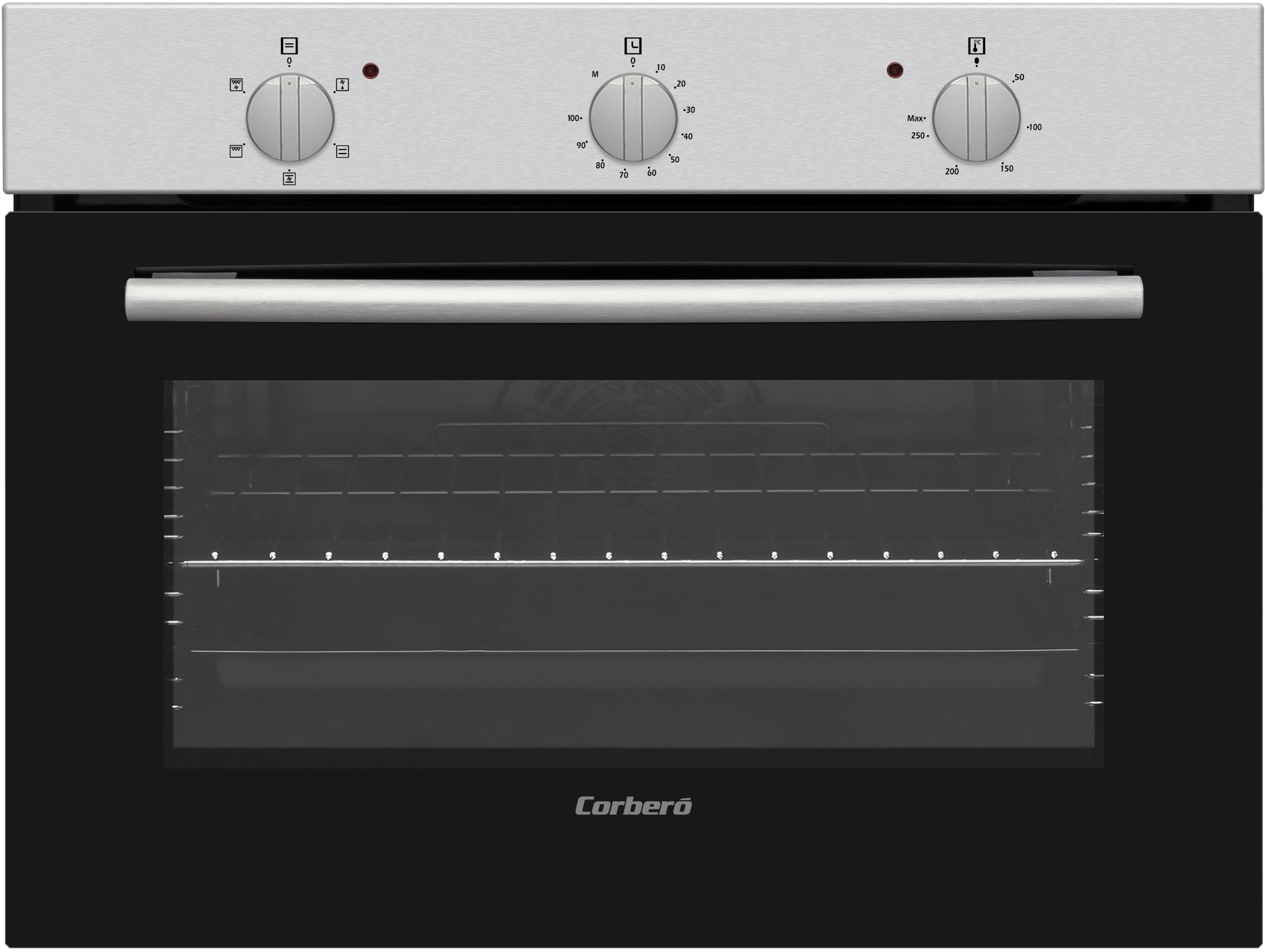 Un horno negro con tres perillas plateadas y una manija plateada. El horno está cerrado.