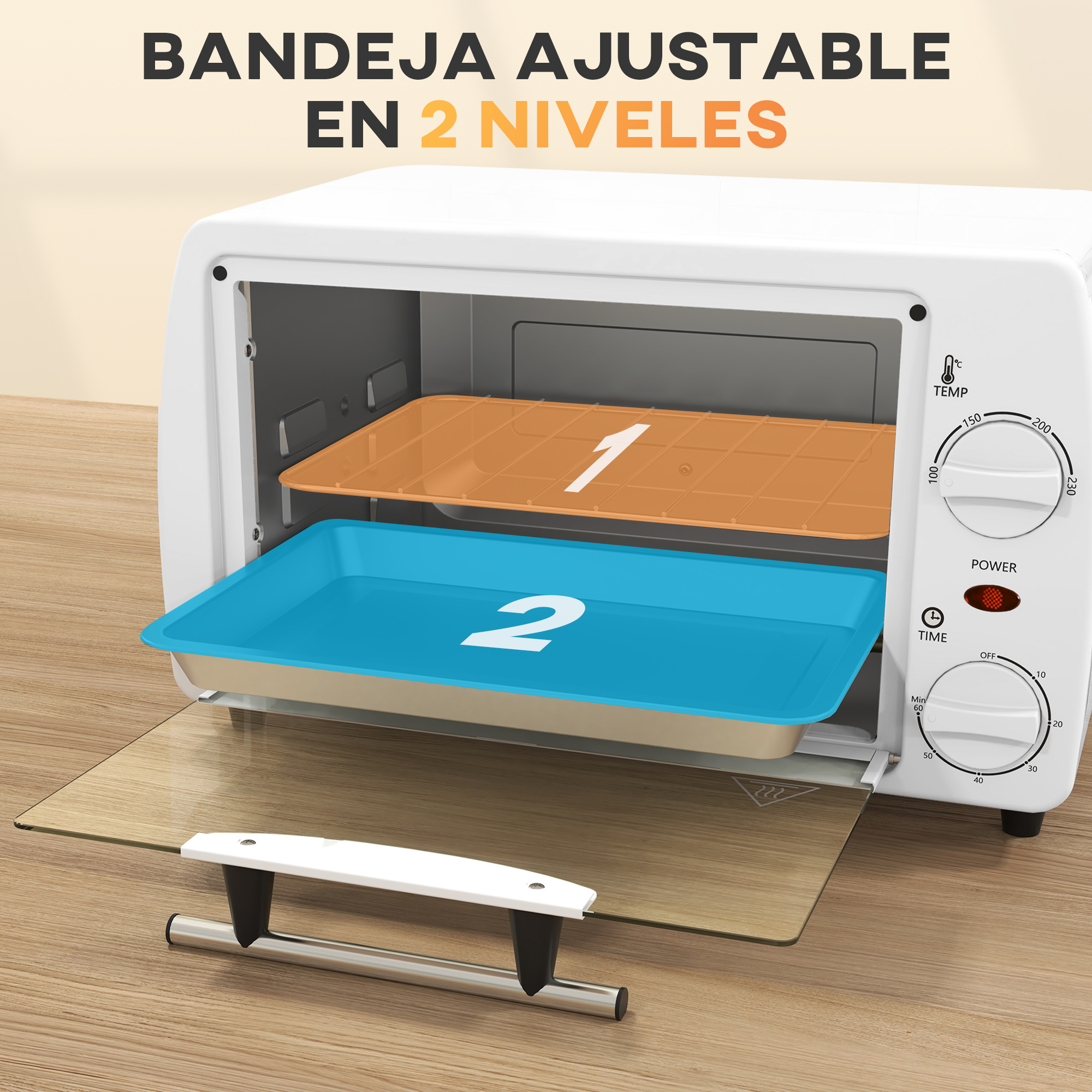Un mini horno blanco con dos bandejas ajustables, con la puerta abierta.