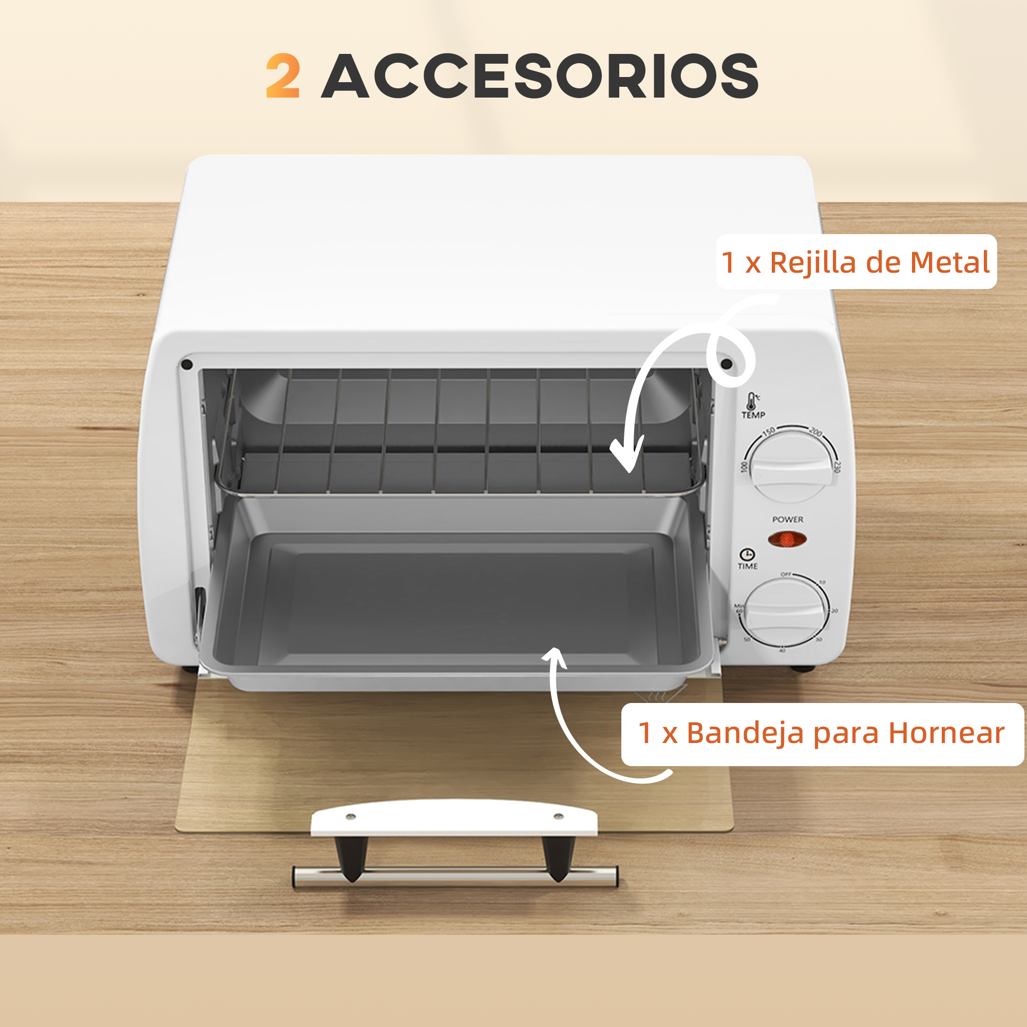 Mini horno blanco con accesorios: rejilla metálica y bandeja. Texto en español.