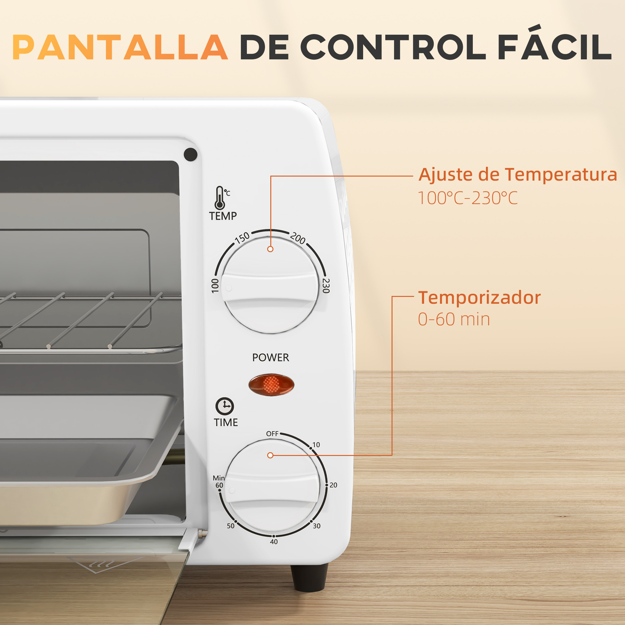 Un horno tostador blanco con controles de temperatura y temporizador, y una bandeja adentro, con texto en español.