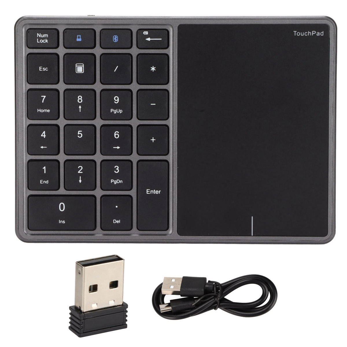 Schwarzes und graues Zahlenfeld mit Touchpad. Ein USB-Empfänger und Kabel sind ebenfalls vorhanden.