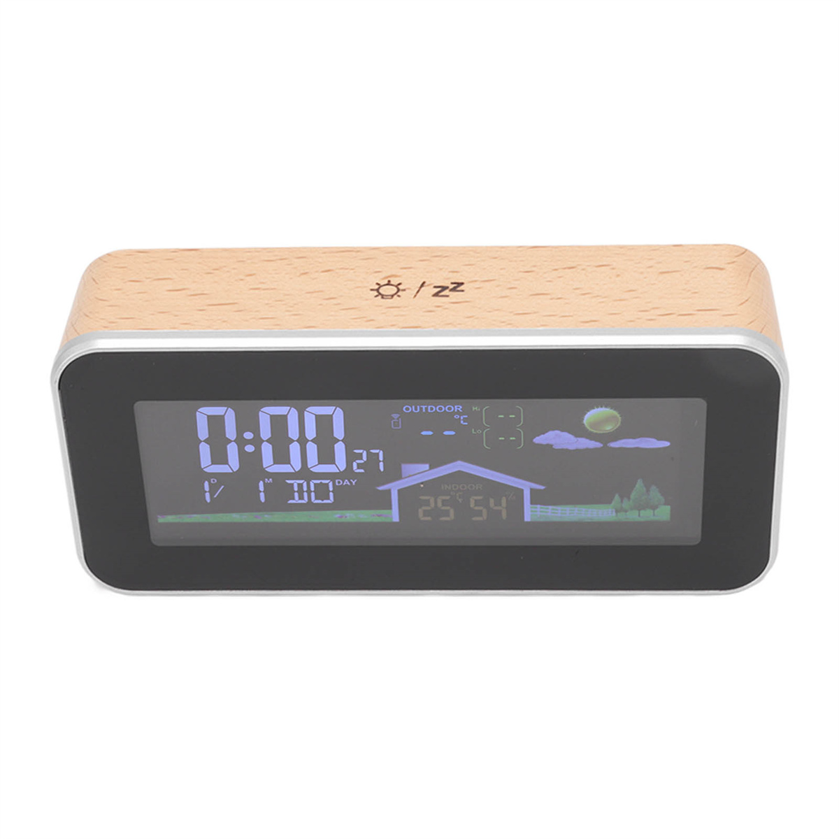 Digitaluhr mit Holzrahmen, Anzeige von Zeit, Datum und Wetter.