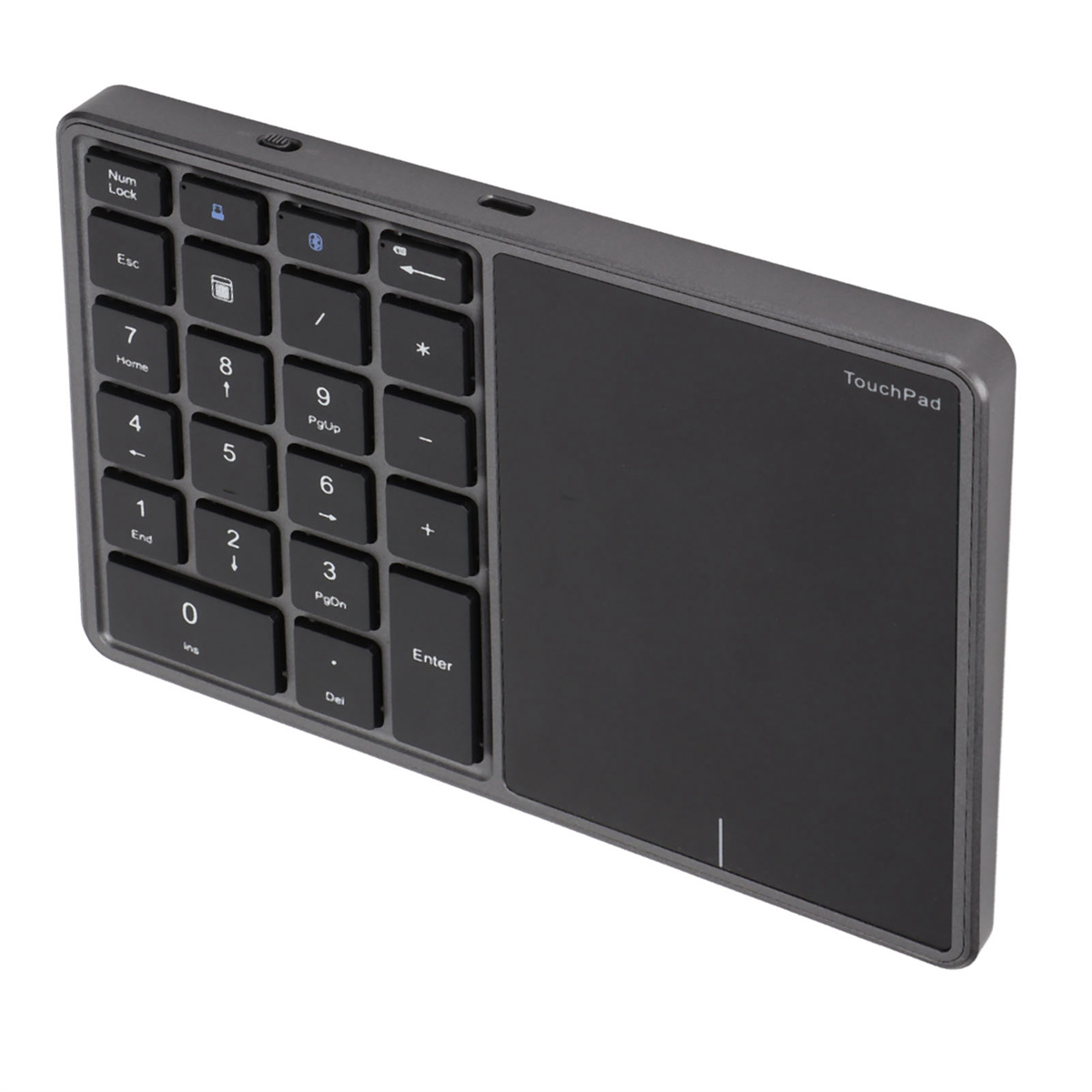 Eine graue numerische Tastatur und Touchpad-Kombination. Es hat einen Ziffernblock, Funktionstasten und ein Touchpad.