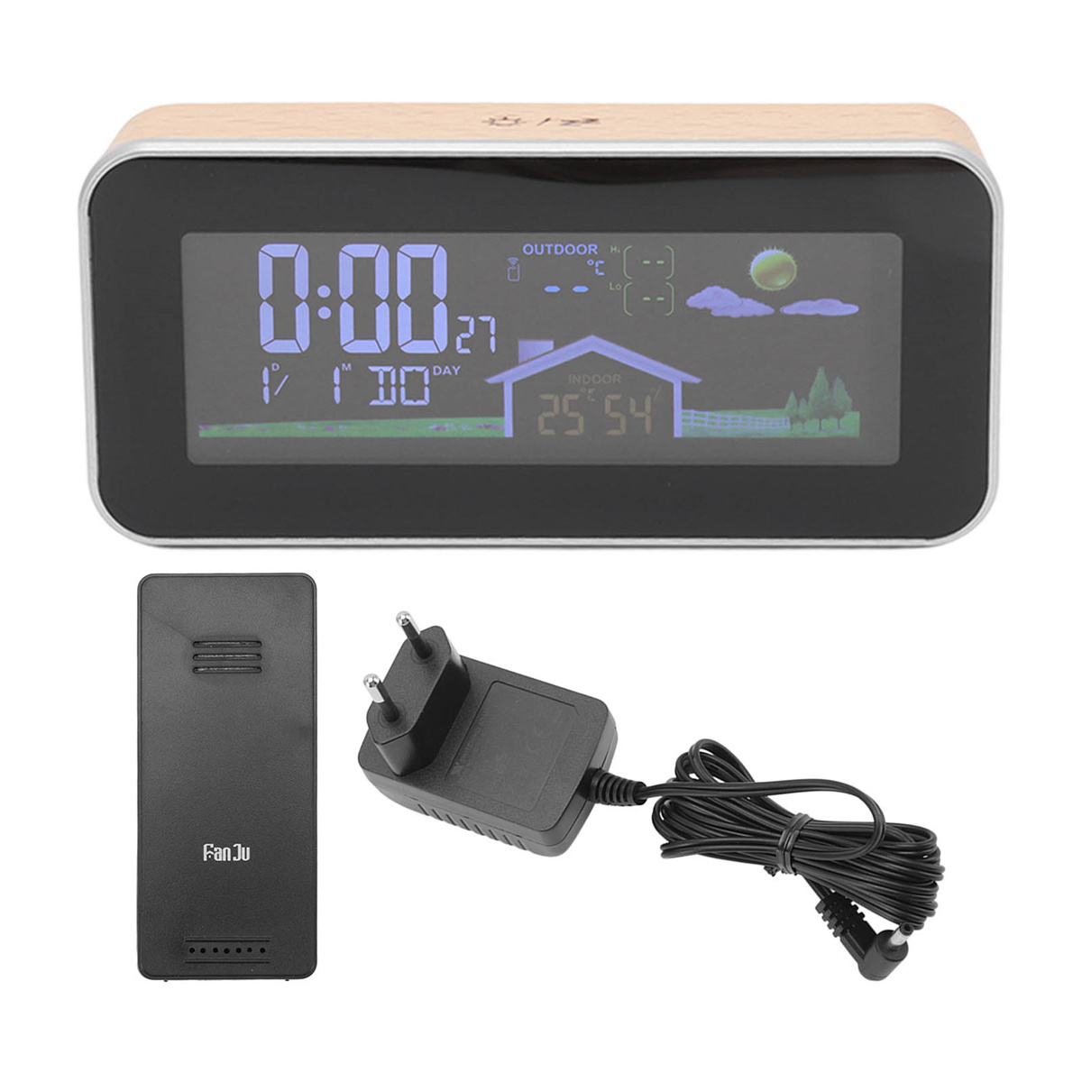 Digitaluhr mit Wetteranzeige. Die Uhr zeigt die Zeit und Temperatur an.