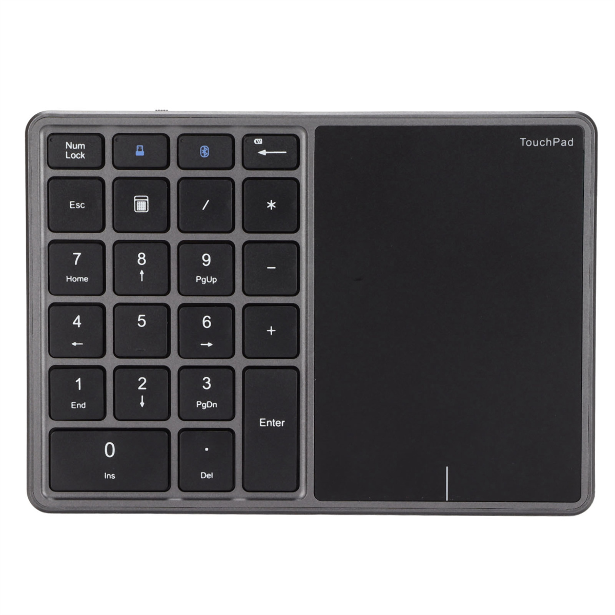 Graues Touchpad mit Nummernblock und großem Touchbereich. Hat ein Bluetooth-Symbol.
