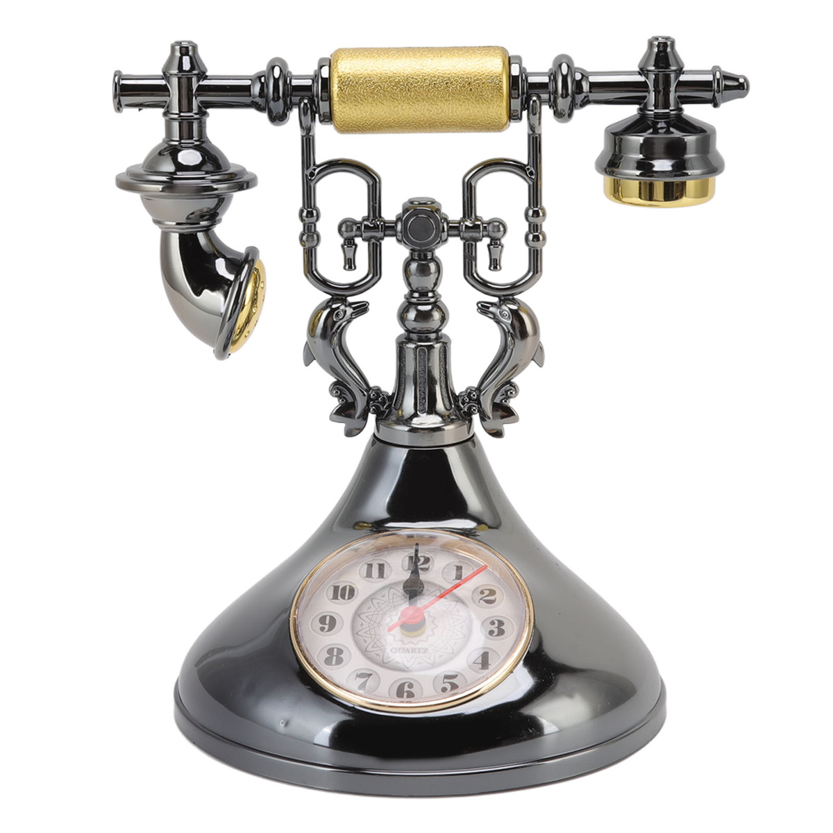 Vintage Telefon mit Uhr. Silber und Gold. Weißer Hintergrund.