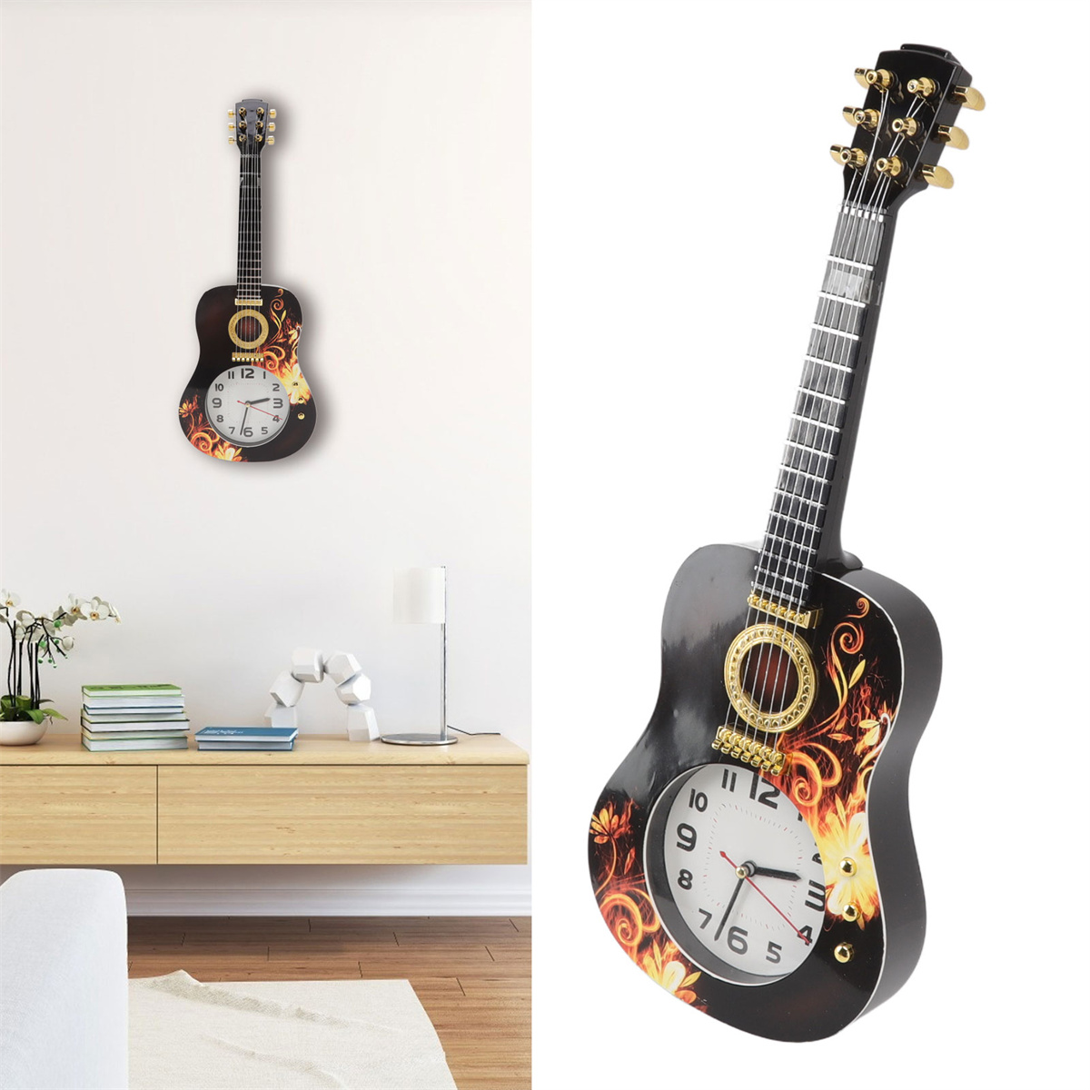 Gitarrenförmige Wanduhr. Schwarzer Körper, goldene Akzente, weißes Zifferblatt. An einer weißen Wand, andere Objekte im Hintergrund.