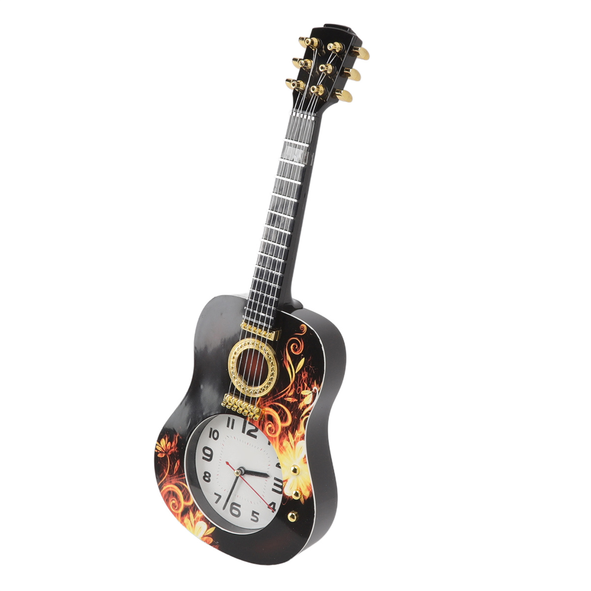Gitarrenförmige Uhr mit schwarzem Korpus, Ziffernblatt und goldenen Akzenten.