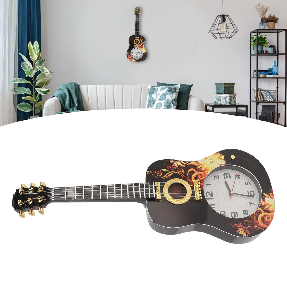 Gitarrenförmige Uhr. Wandmontage. Dekorative Uhr in einem Raum. Uhr hat ein weißes Zifferblatt.
