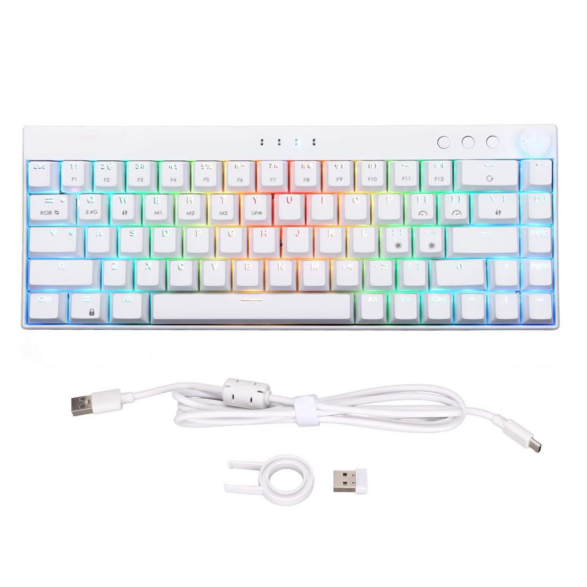 Eine weiße mechanische Tastatur mit regenbogenfarbenen Tasten, einem Kabel und Zubehör auf weißer Oberfläche.