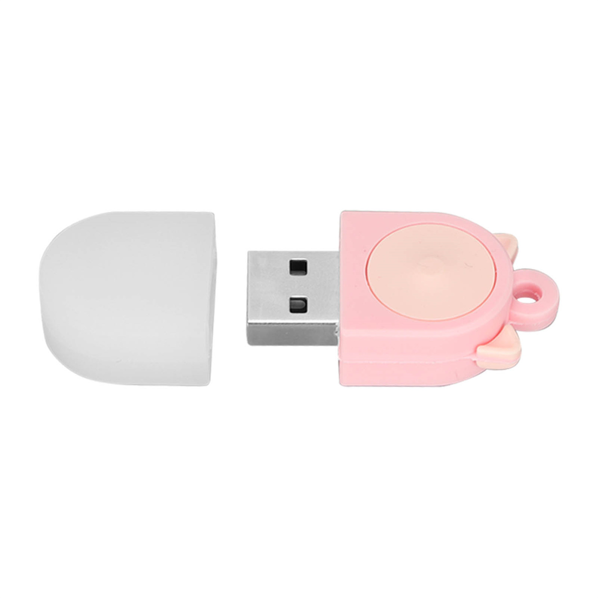 Rosa USB-Stick mit abgenommener Abdeckung. Der USB-Anschluss ist sichtbar.