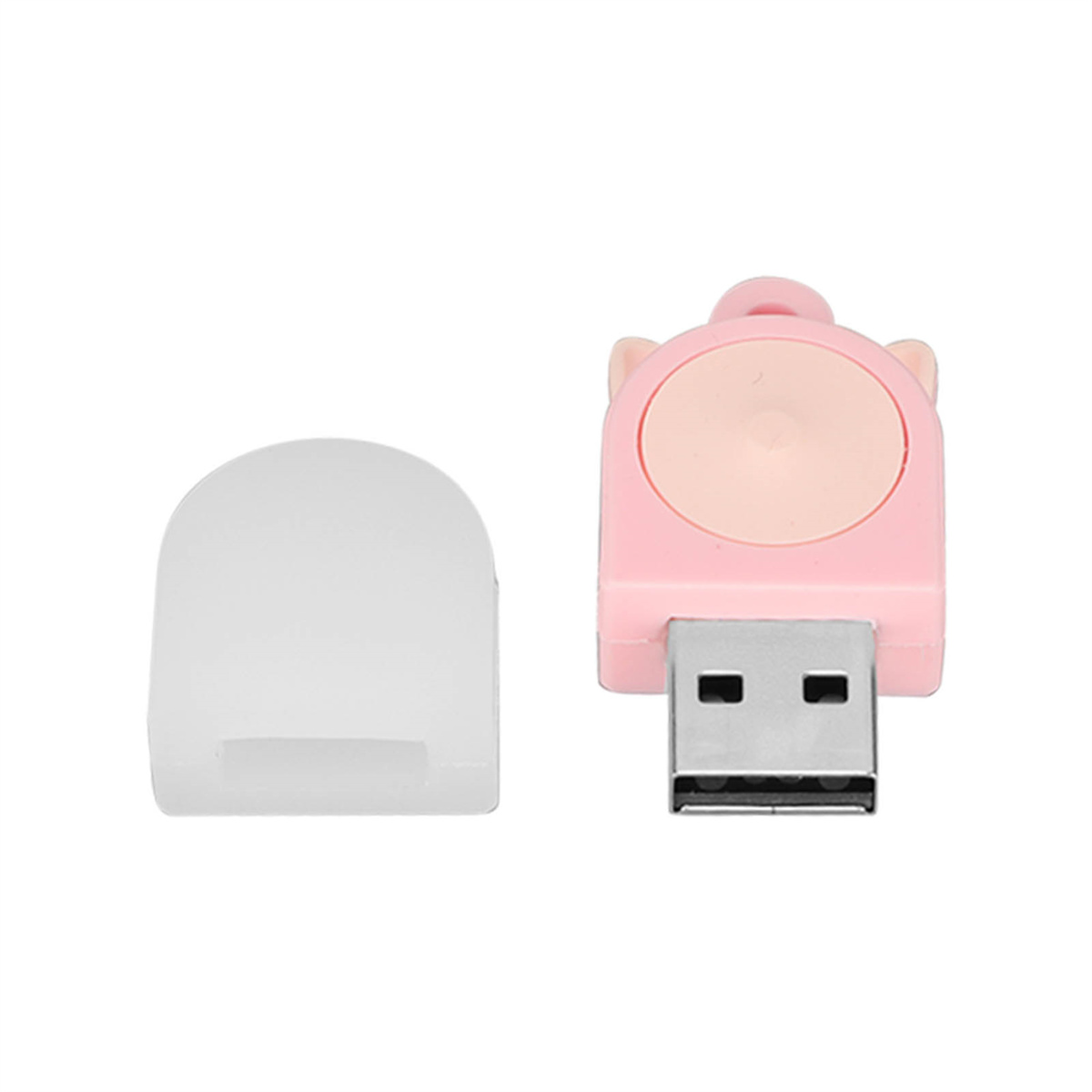 Rosa USB-Stick in Form eines Schweins, mit abgenommener Abdeckung, auf weißem Hintergrund.