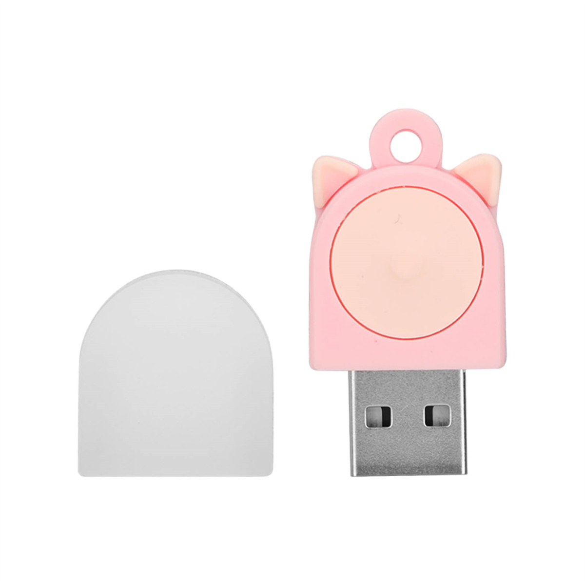 Rosa Katzen-USB-Stick mit abgenommener weißer Kappe.