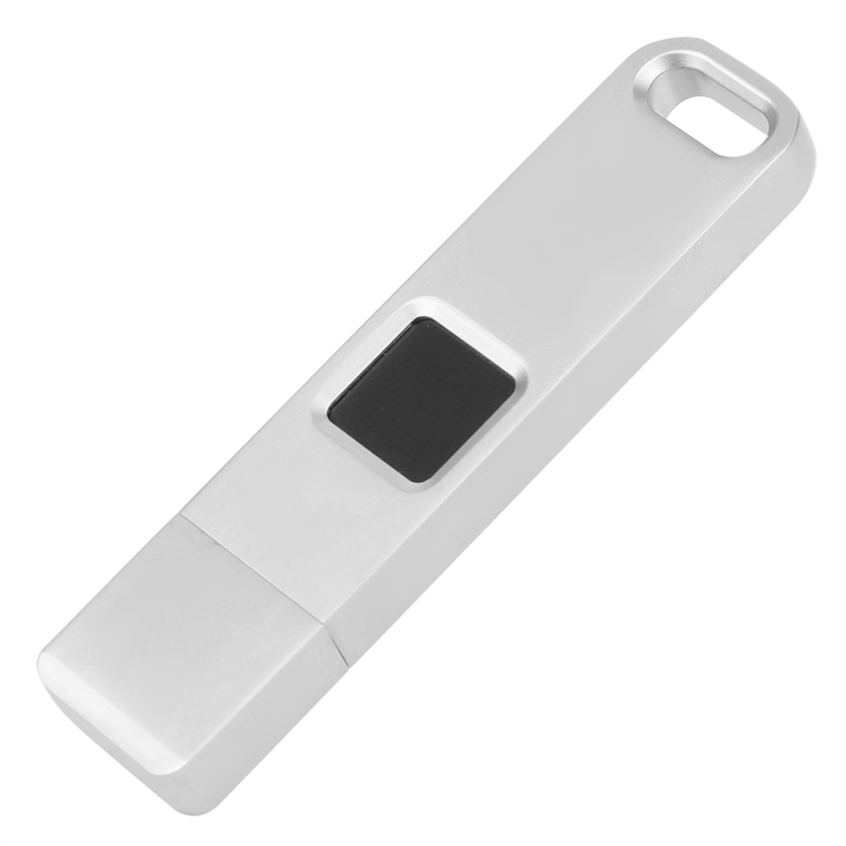 Silberner USB-Stick. Er hat ein schwarzes Quadrat in der Mitte und ein Loch oben.