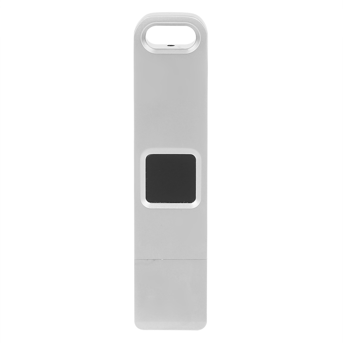 Ein weißer USB-Stick mit einem quadratischen schwarzen Knopf und einem Loch für ein Schlüsselband.