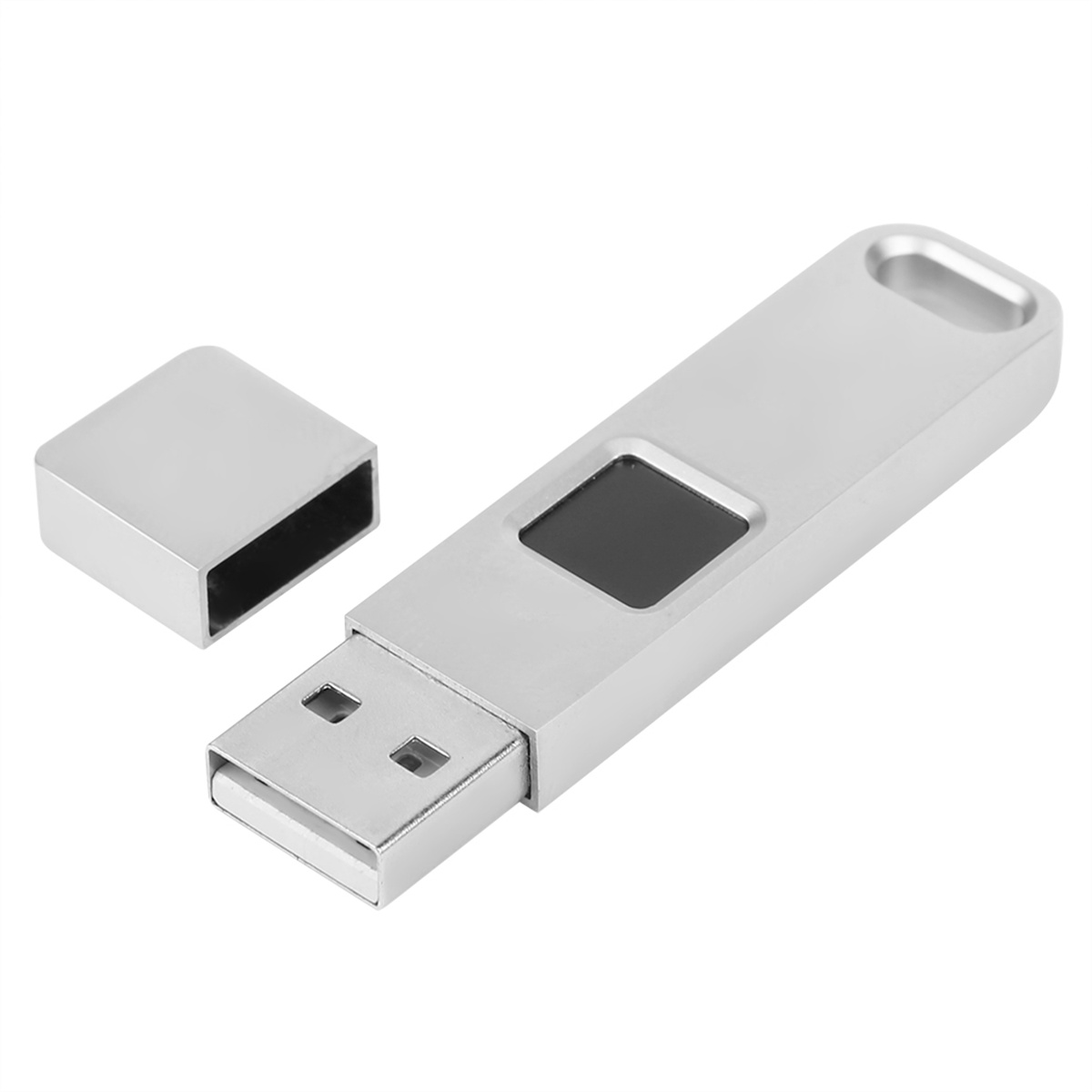 Silberner USB-Stick mit einem schwarzen Quadrat darauf und einer silbernen Kappe daneben.