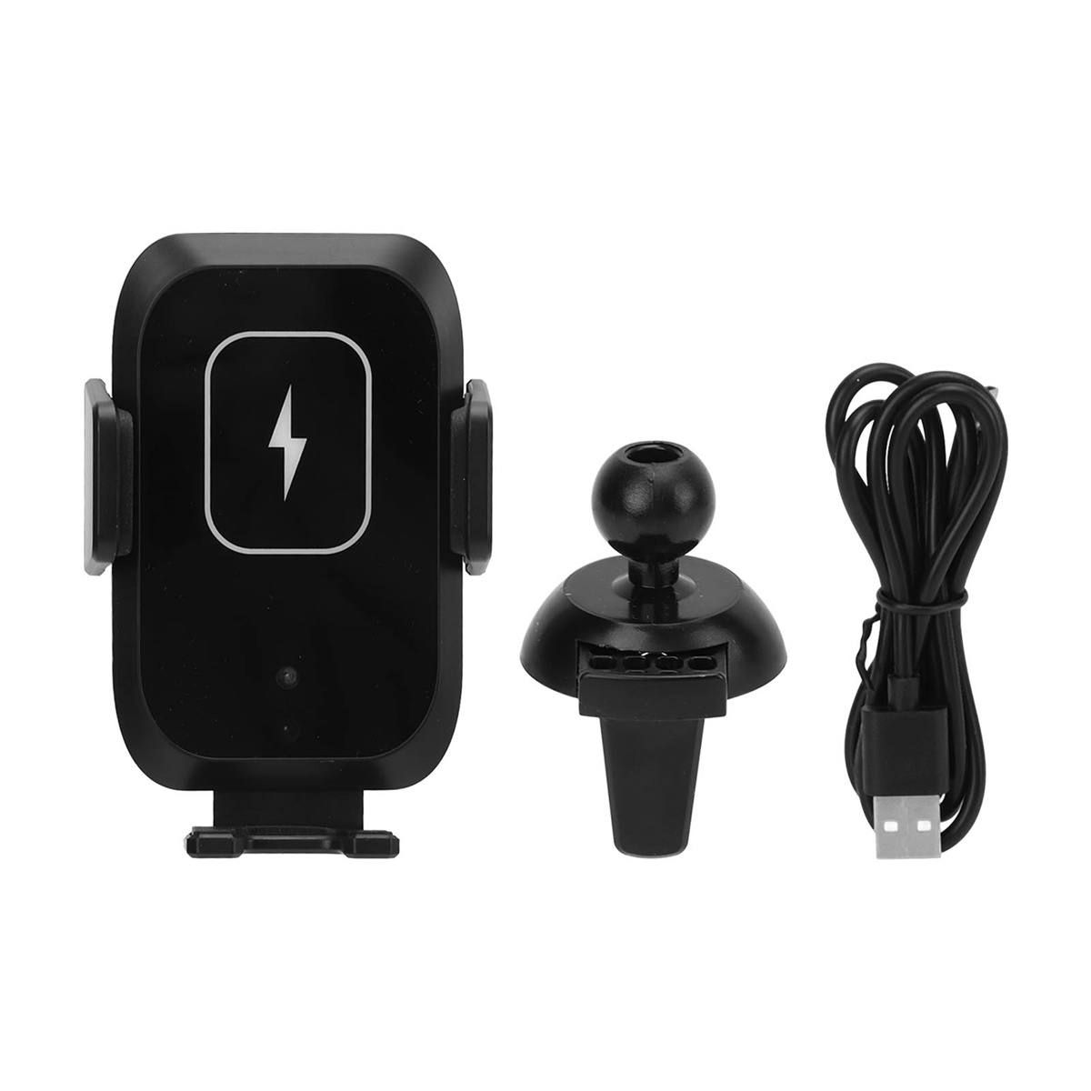 Schwarzes kabelloses Ladegerät mit Blitzsymbol. Inklusive Ladestation und Kabel.