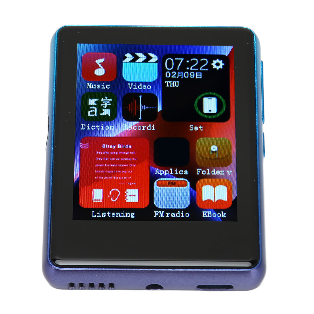 Ein blauer MP3-Player mit Farbbildschirm. Es hat mehrere App-Symbole auf dem Bildschirm. Auf weißem Grund.