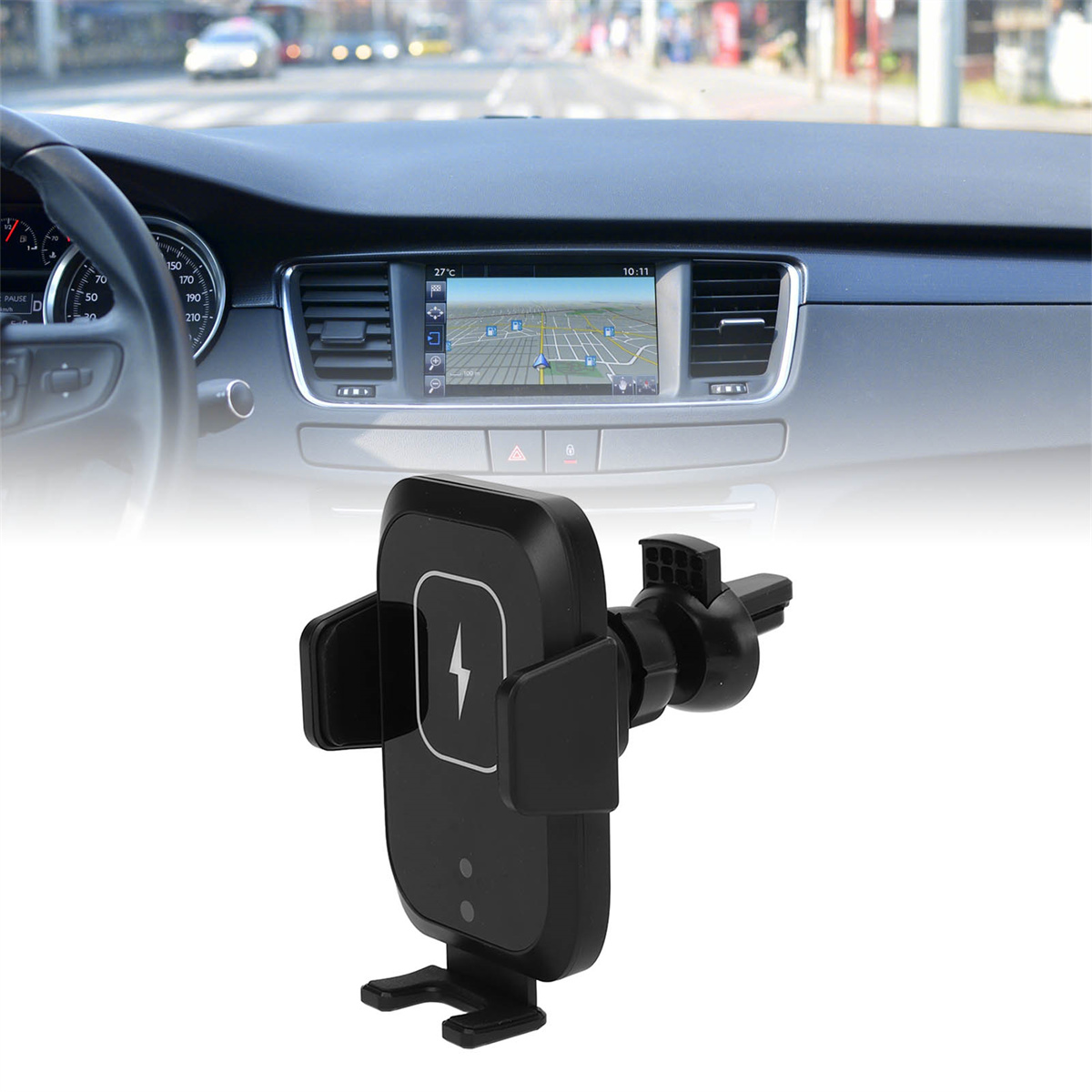 Ein schwarzes kabelloses Telefonladegerät in einem Auto, mit einem Navigationsbildschirm im Hintergrund.
