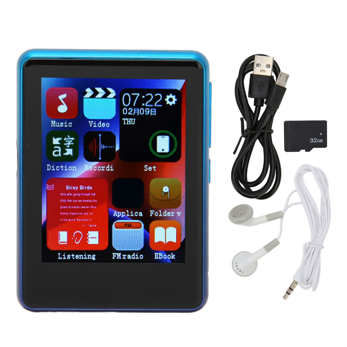 Blauer MP3-Player mit Kopfhörern, USB-Kabel und SD-Karte.